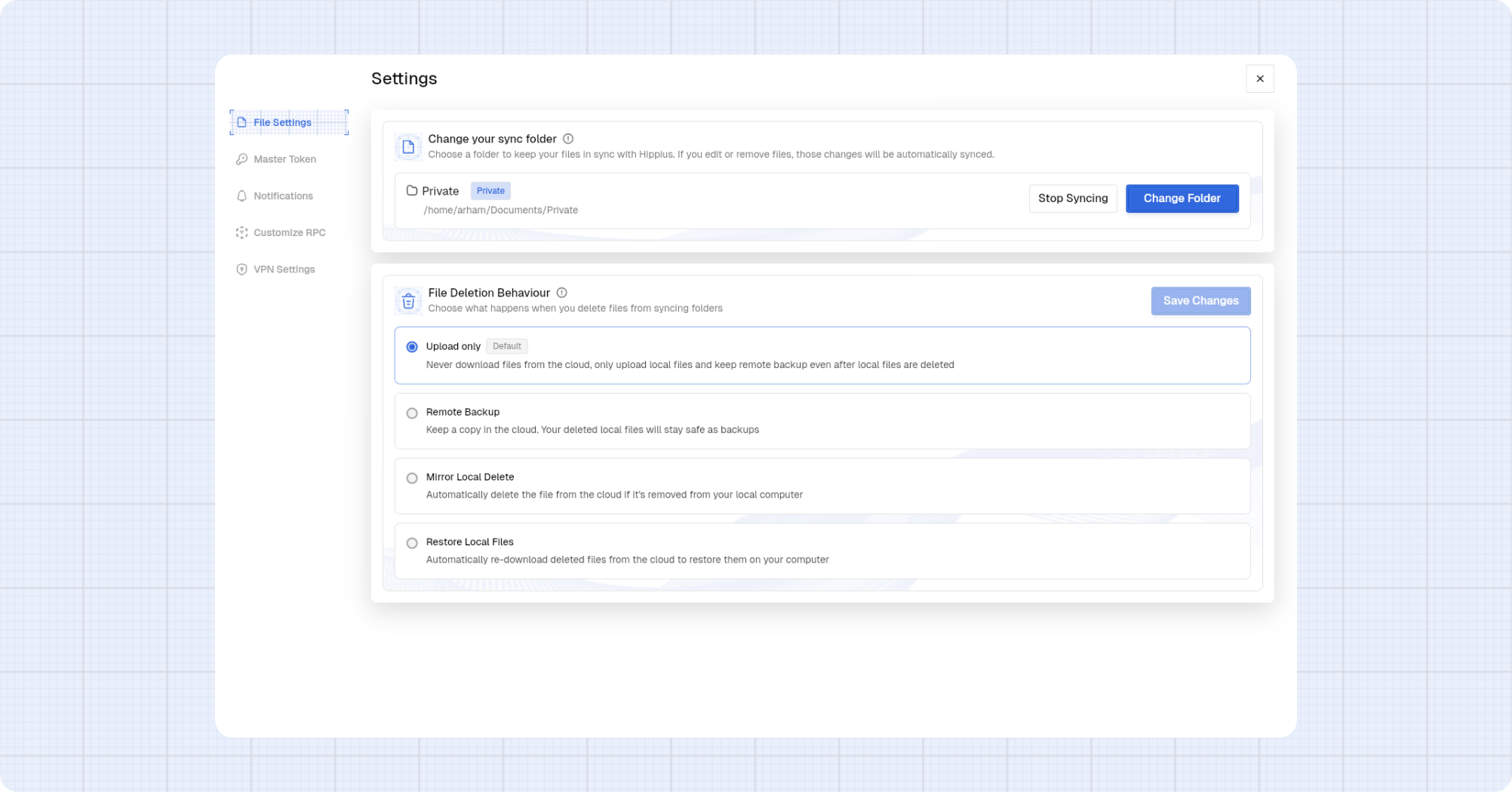 File settings screen