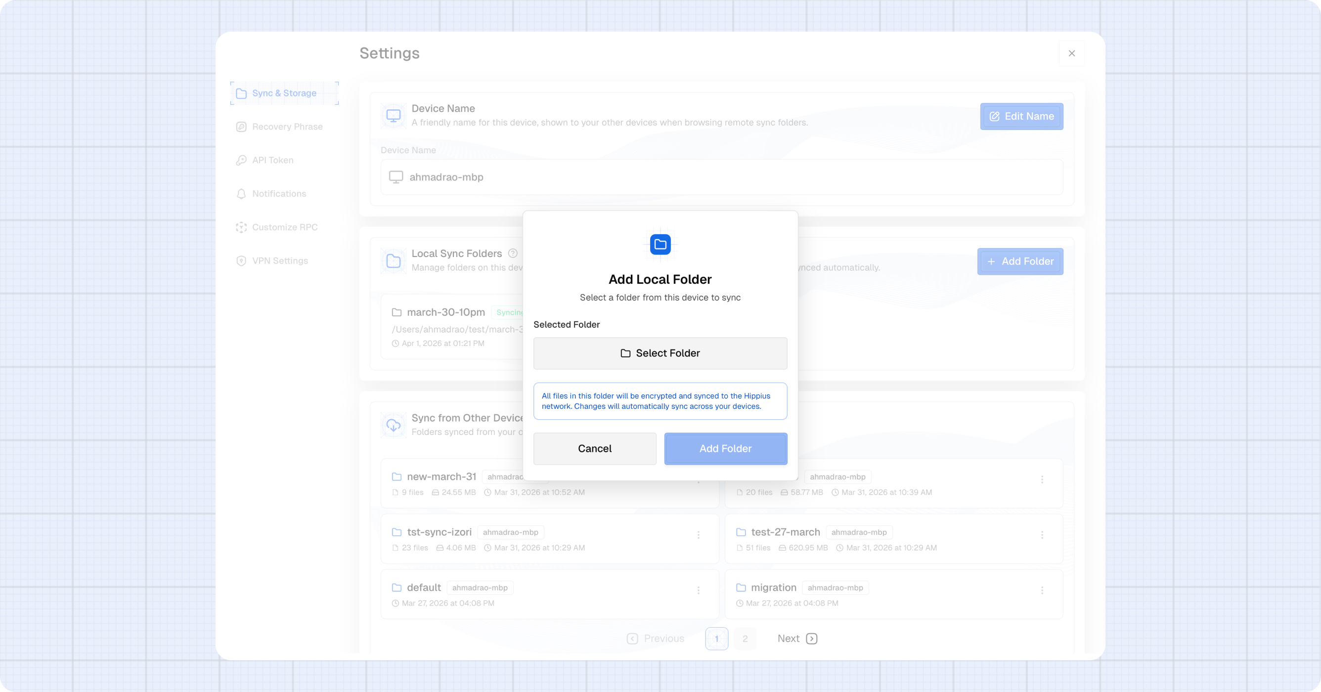 The AddLocalFolderDialog showing folder selection and the Add Folder button 
