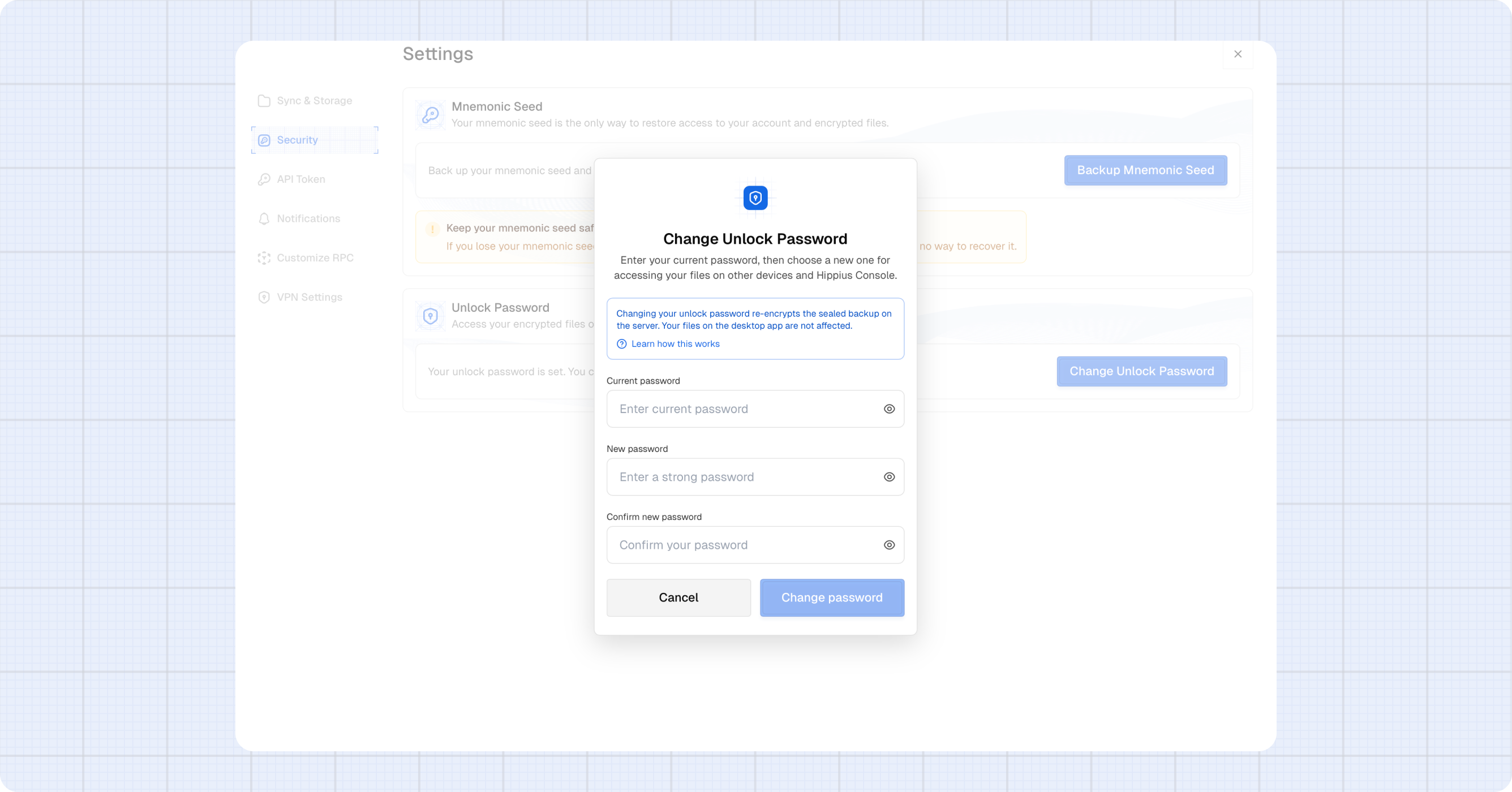 Change unlock password dialog