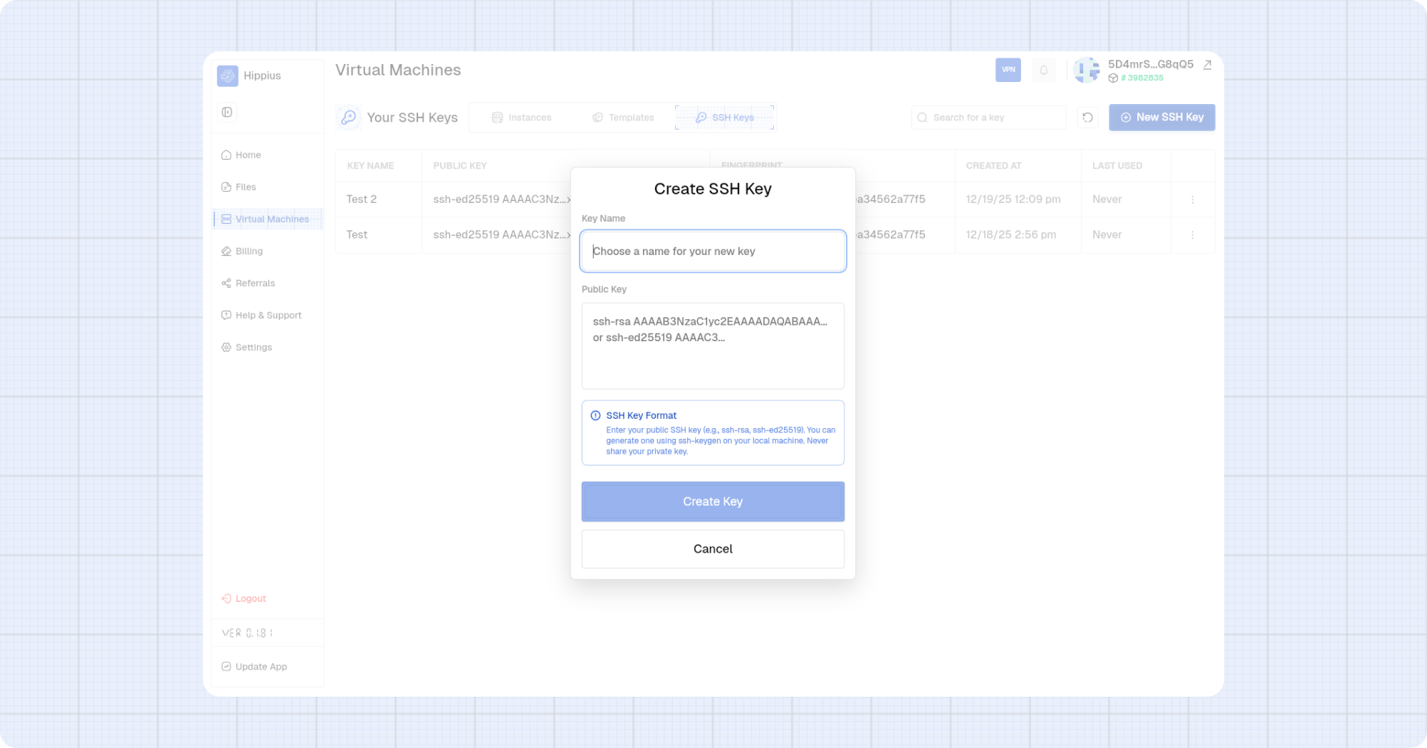 Create SSH key modal