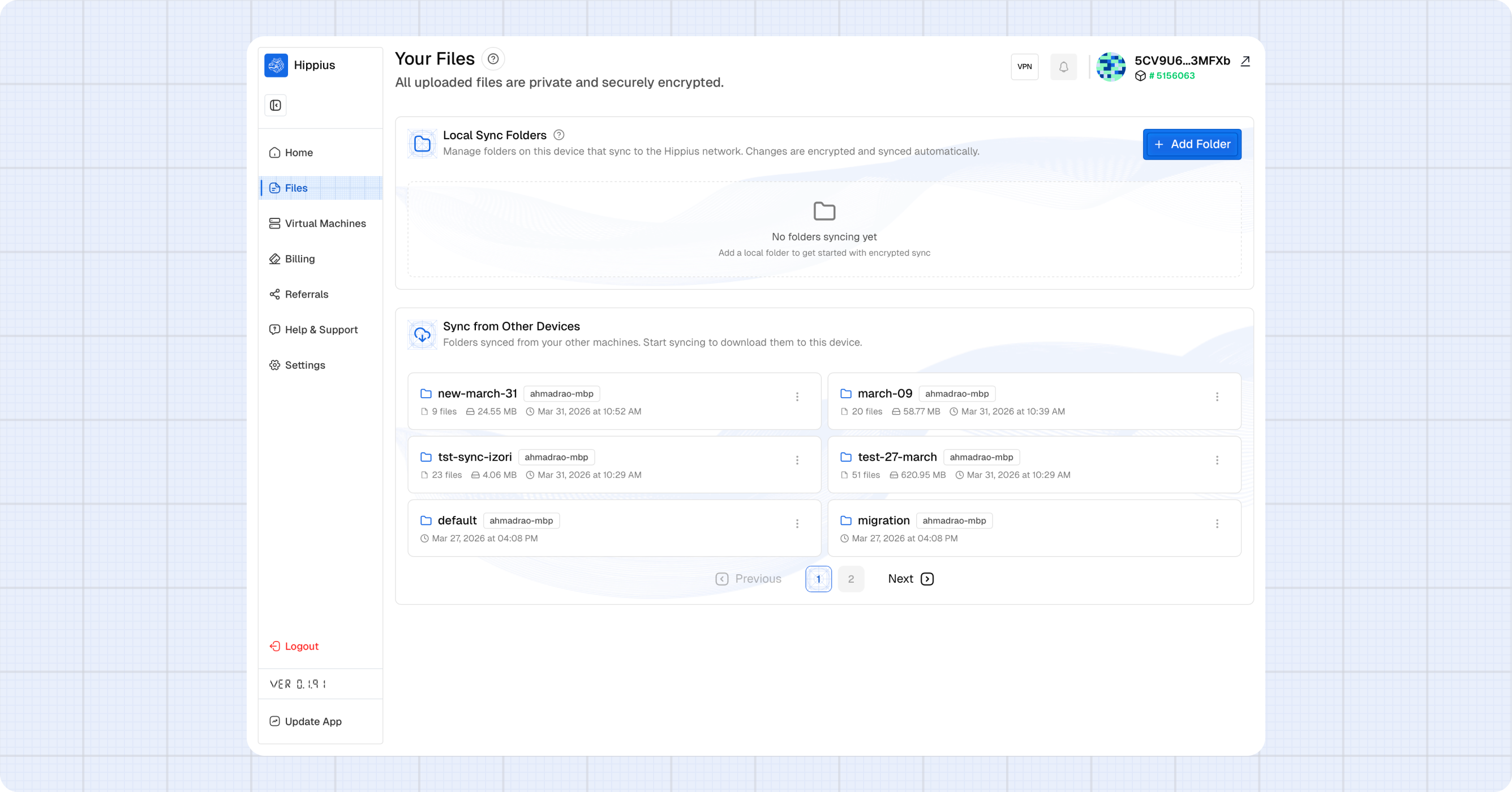 The FilesOnboarding screen showing the Local Sync Folders section with the Add Folder button and Sync from Other Devices section