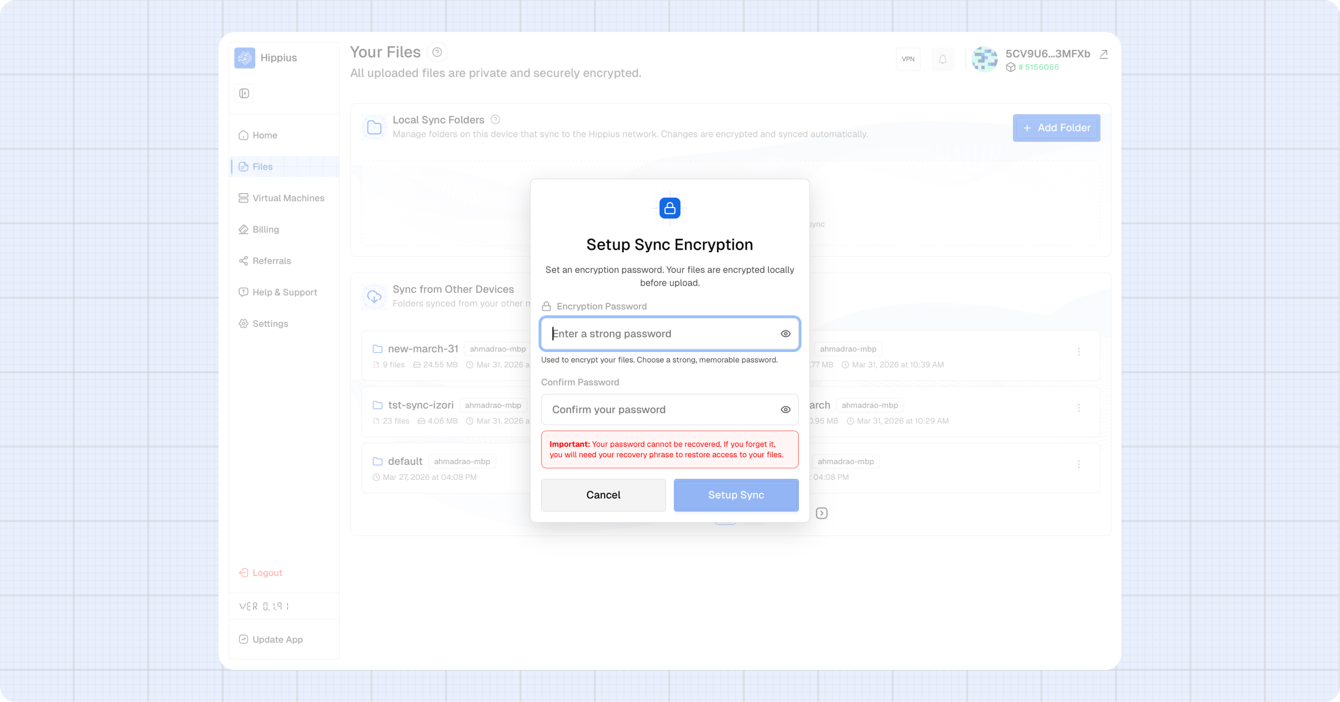 The HcfsSetupDialog showing password and confirm password fields with the warning message