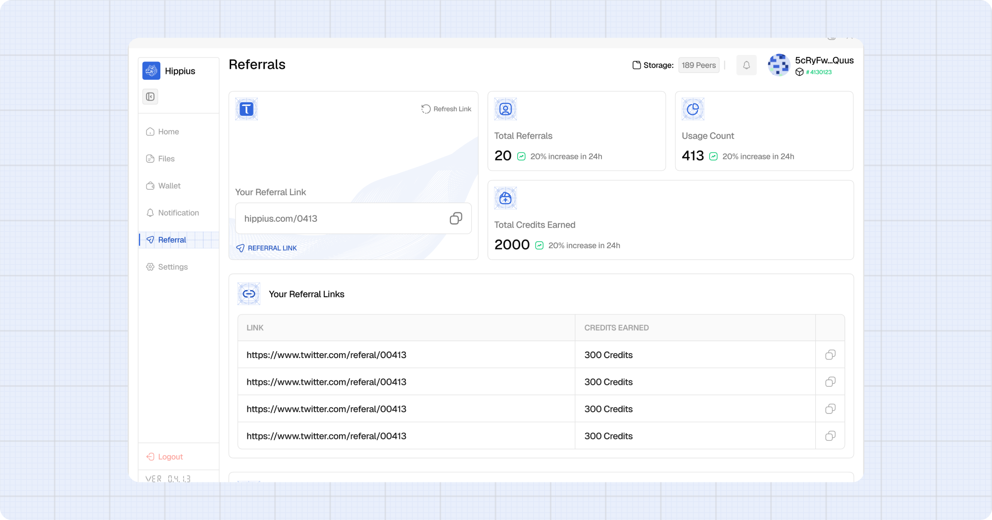 Referral dashboard with copy link action