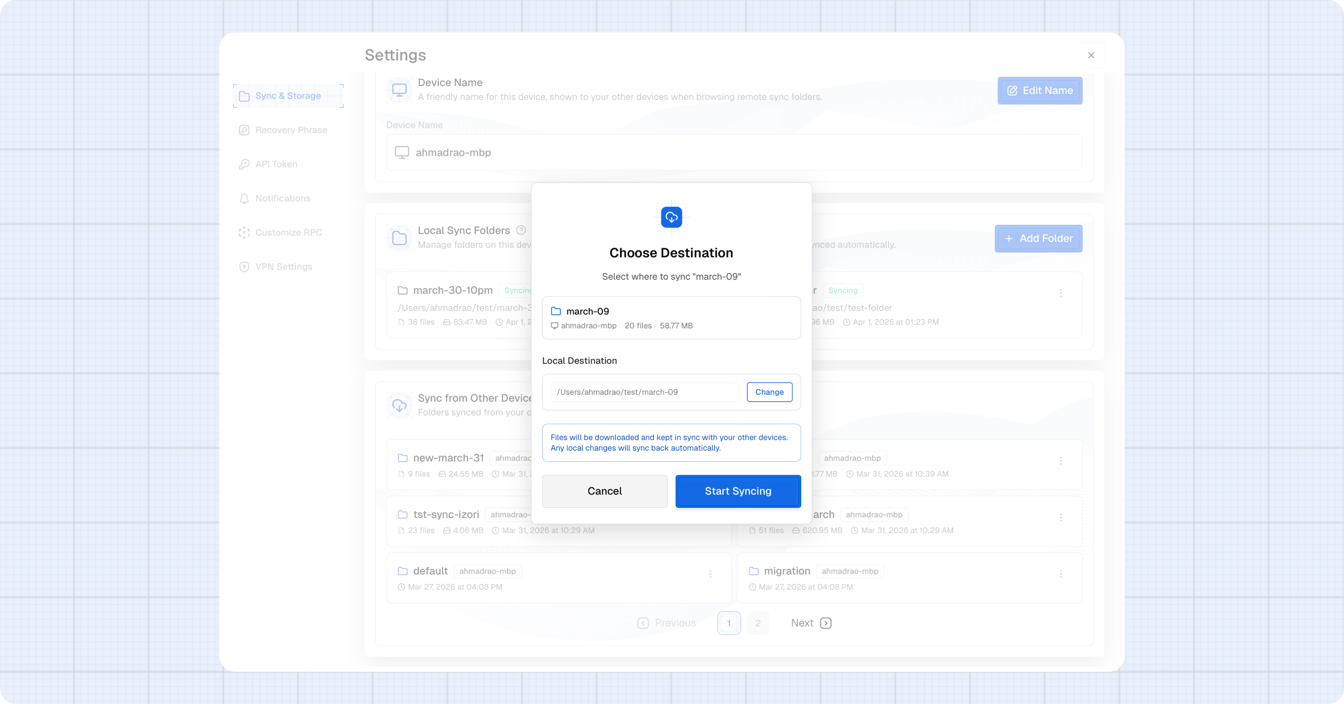 Sync destination dialog