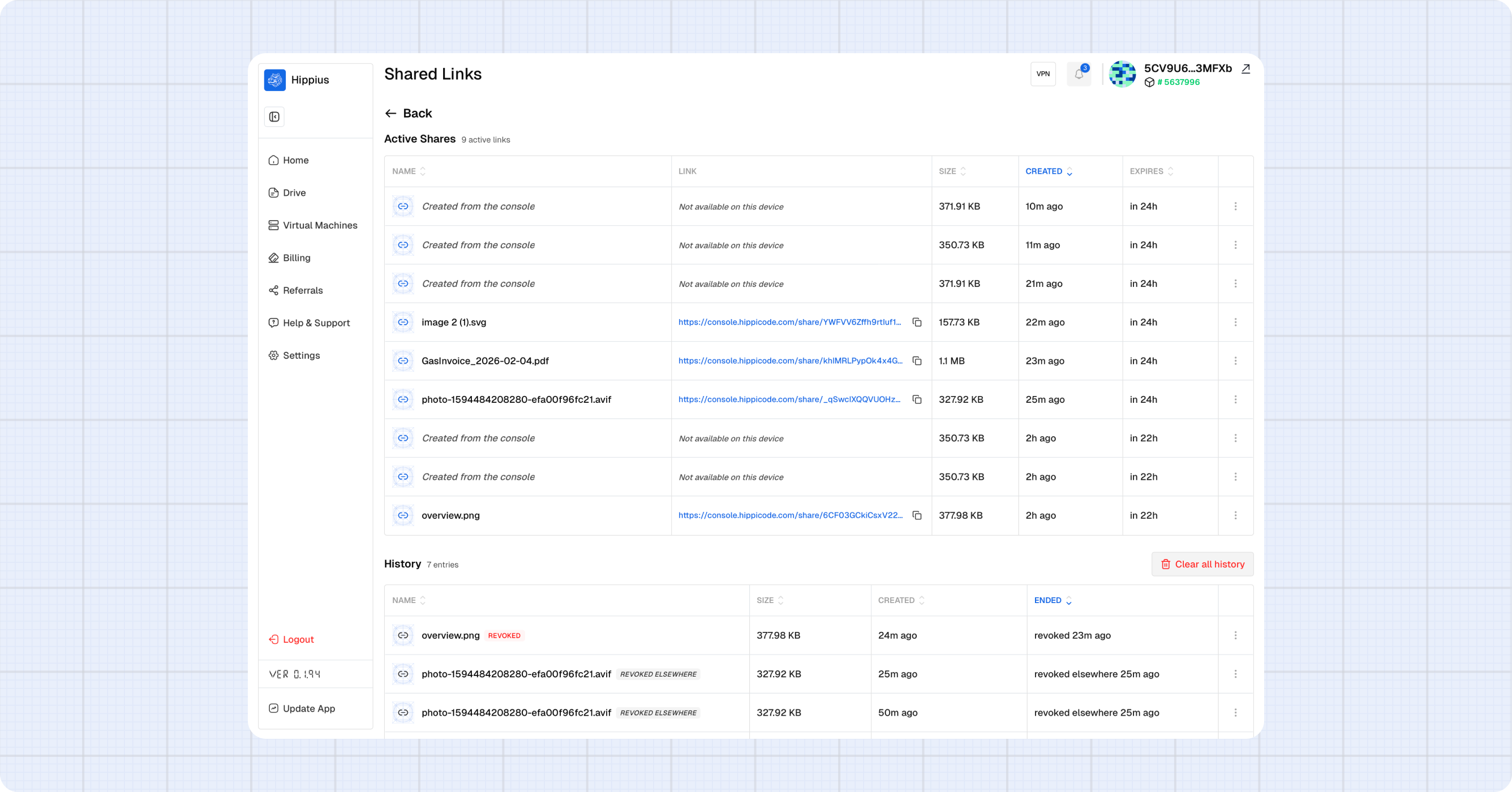 Shared Links page overview