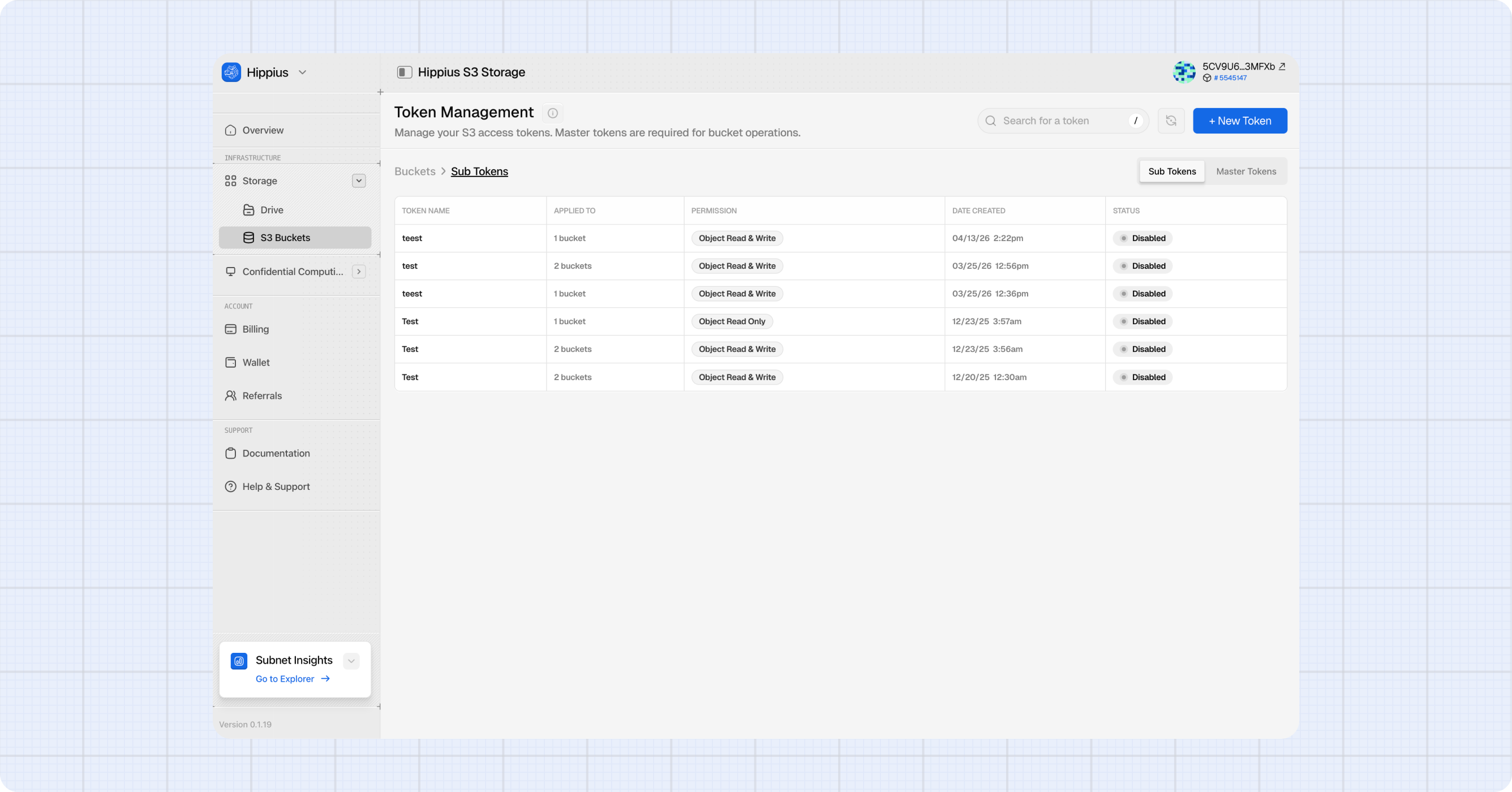 Sub-tokens management