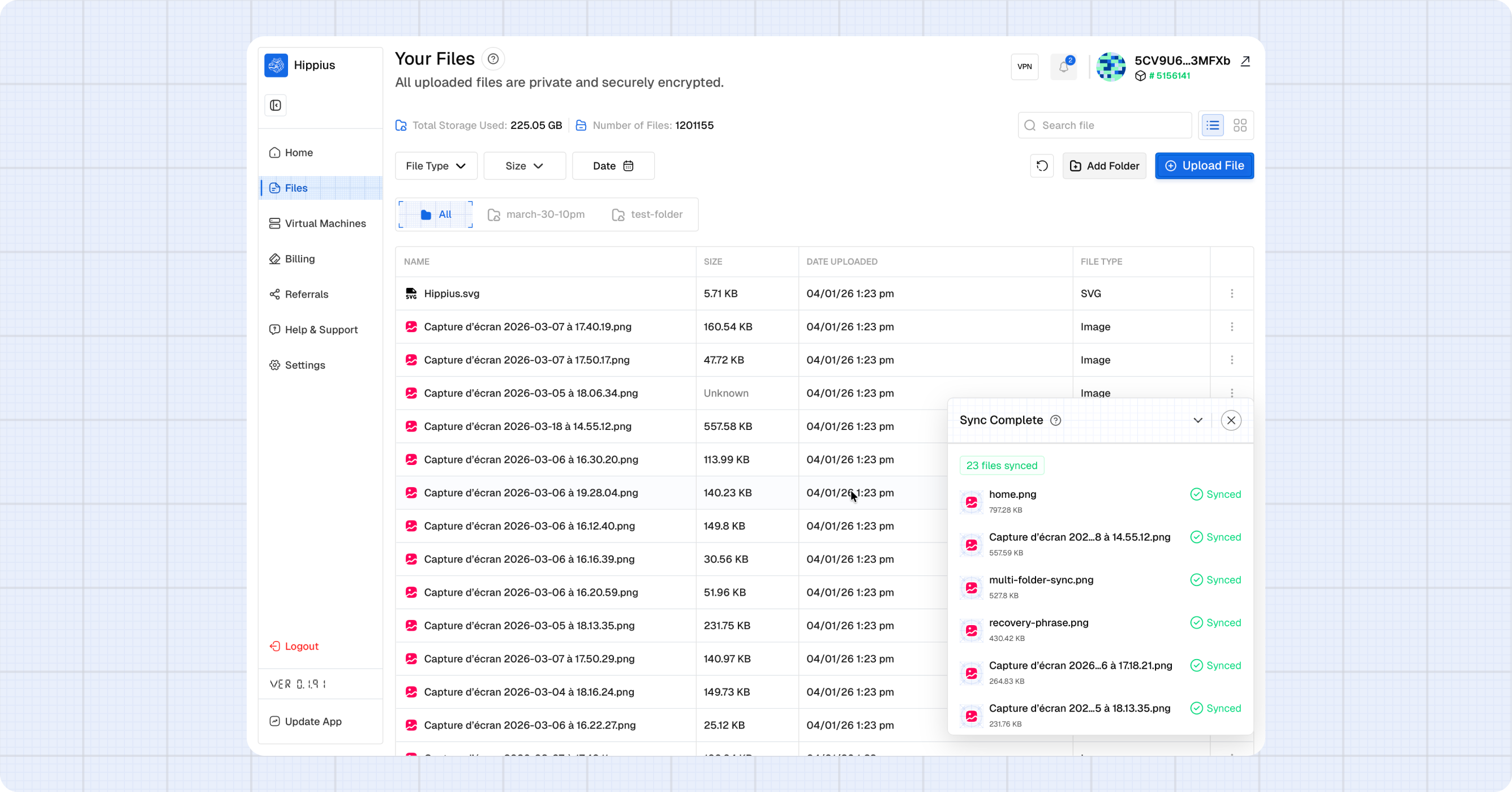 The SyncStatusDialog widget in both collapsed (showing percentage) and expanded (showing file list) states