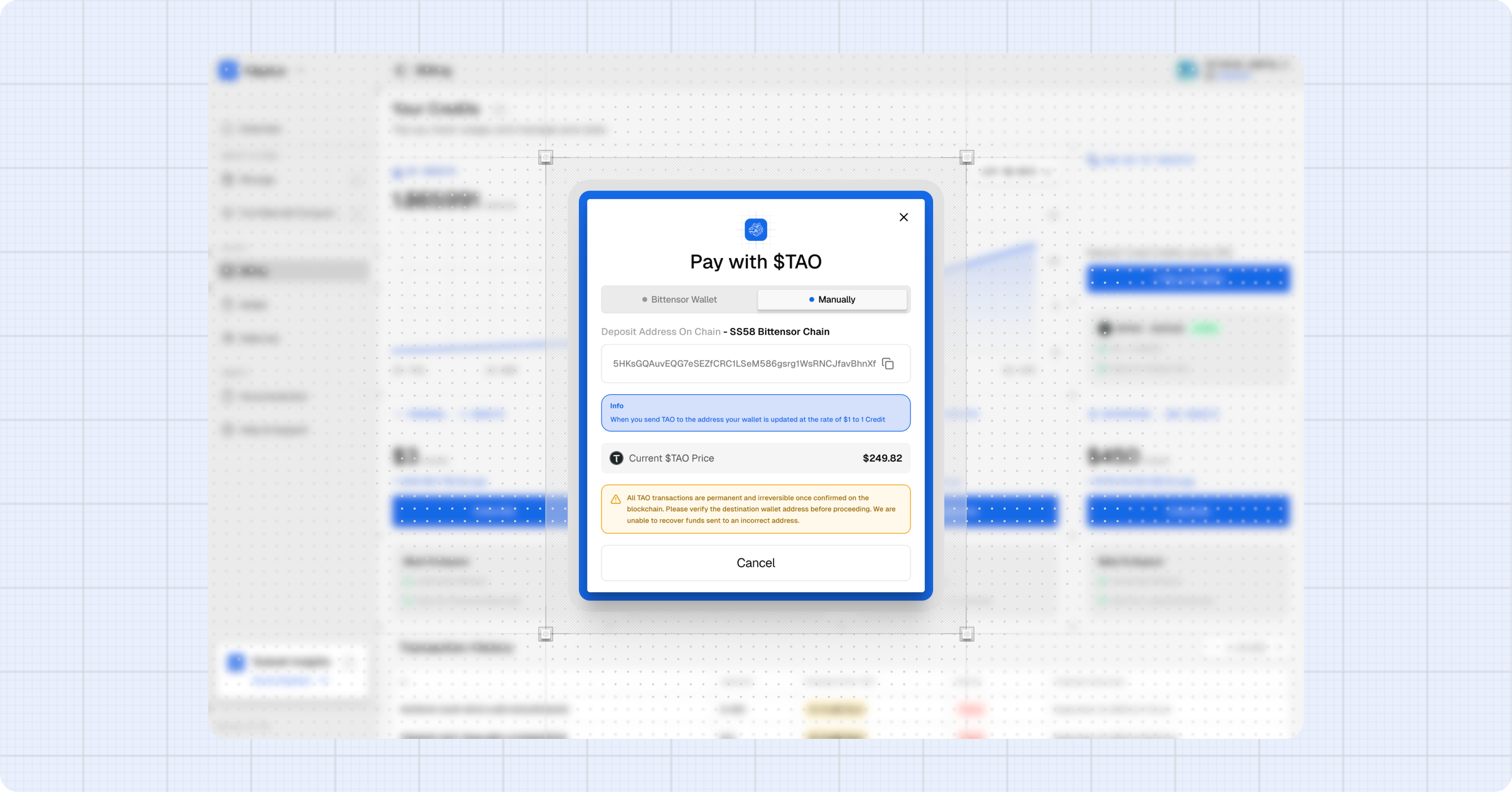 Pay with TAO — Manually tab