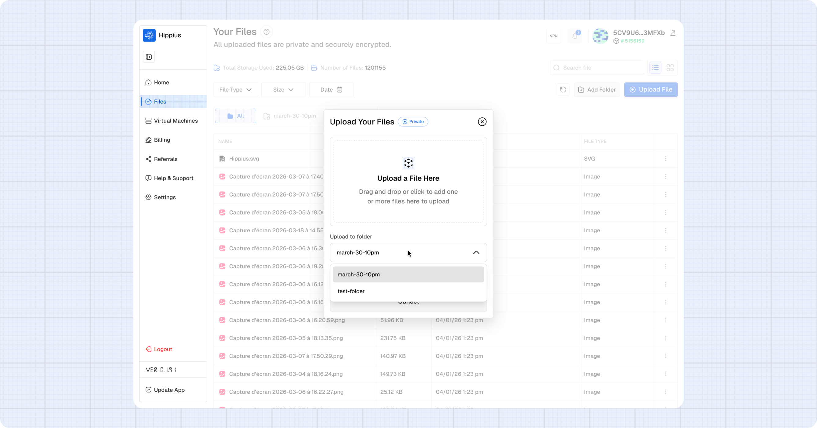 The upload dialog showing the folder selector dropdown (visible when 2+ folders exist 