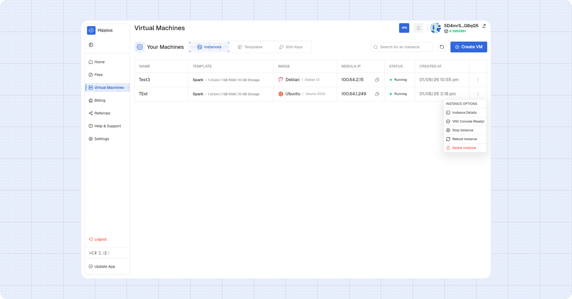 Instance options menu