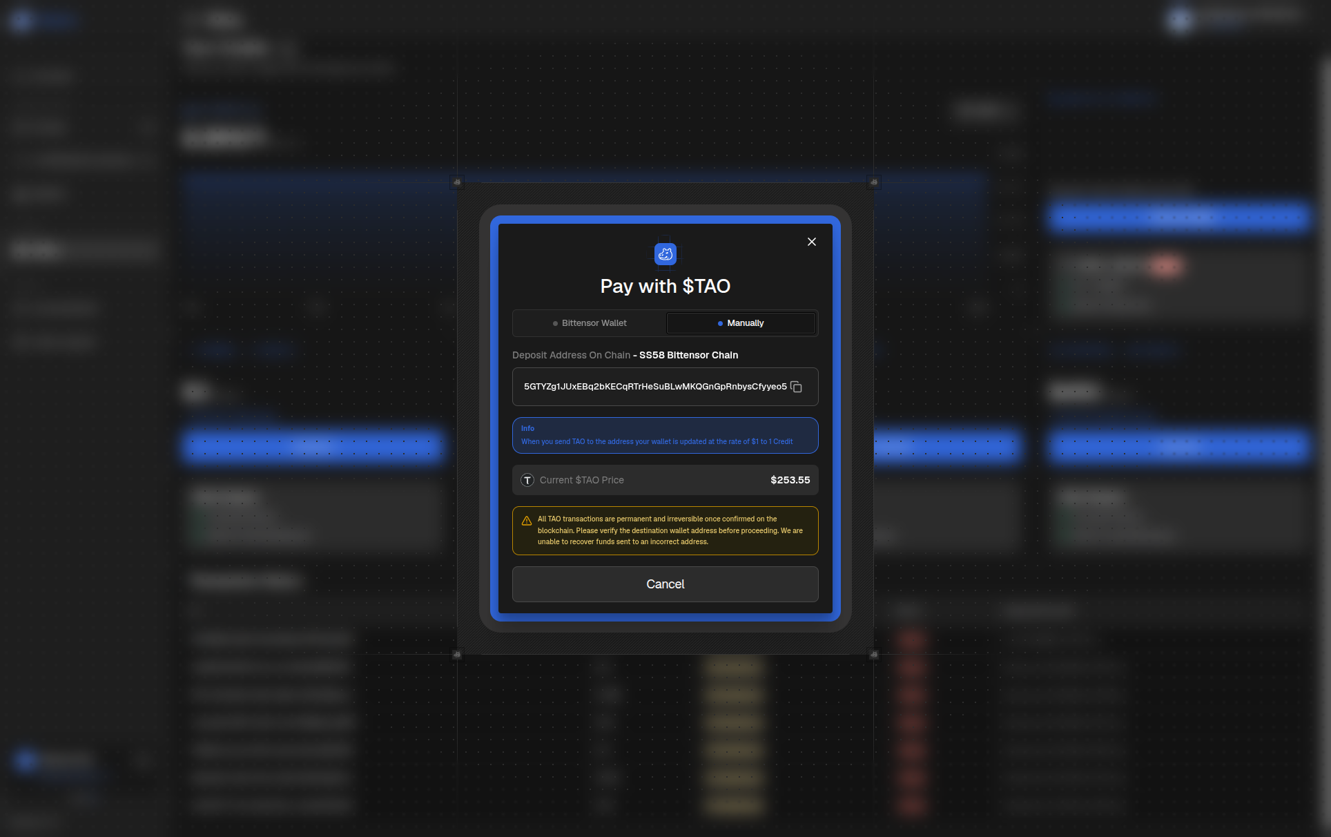 Pay with TAO — Manually tab
