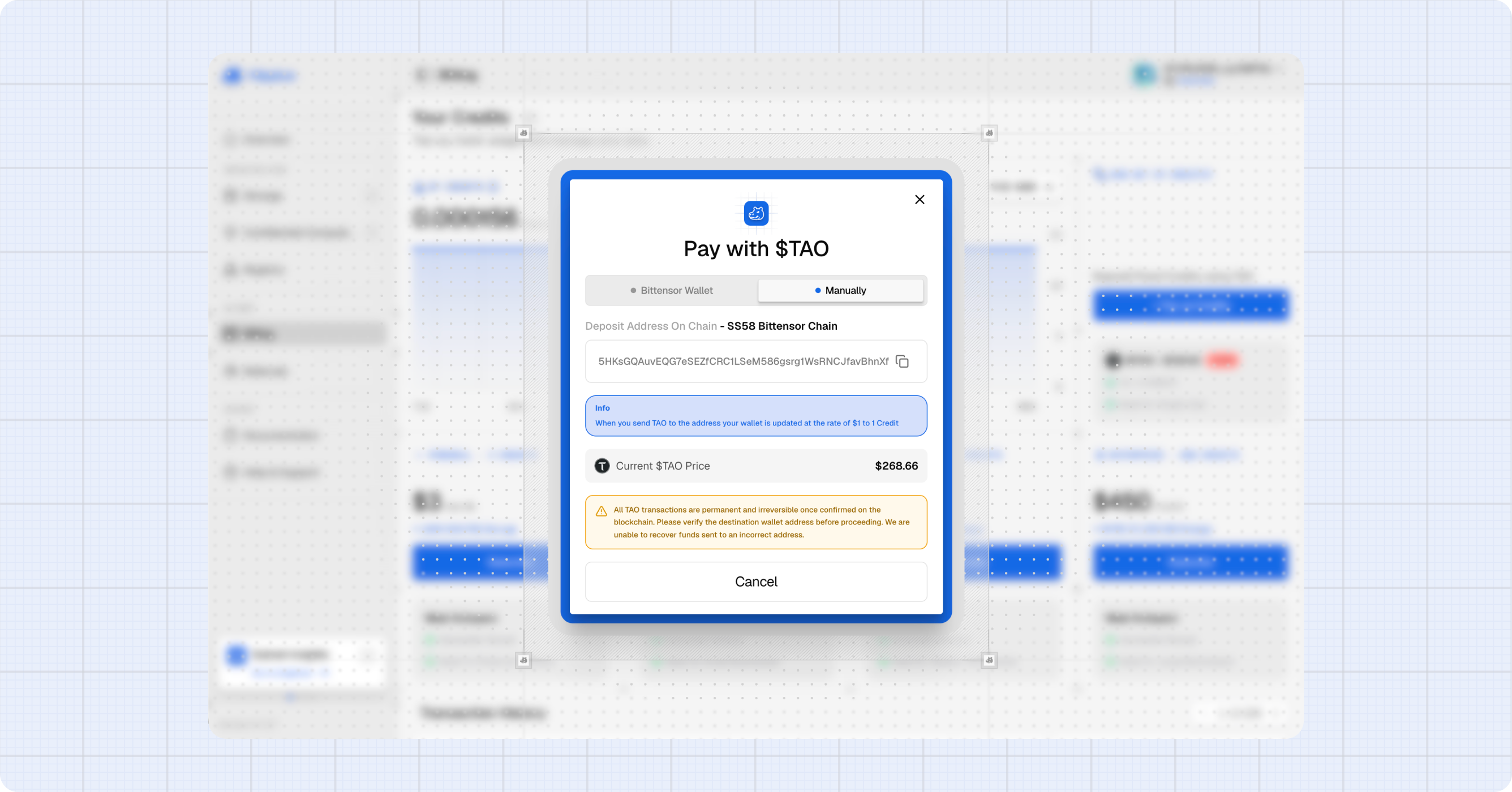 Pay with TAO — Manually tab