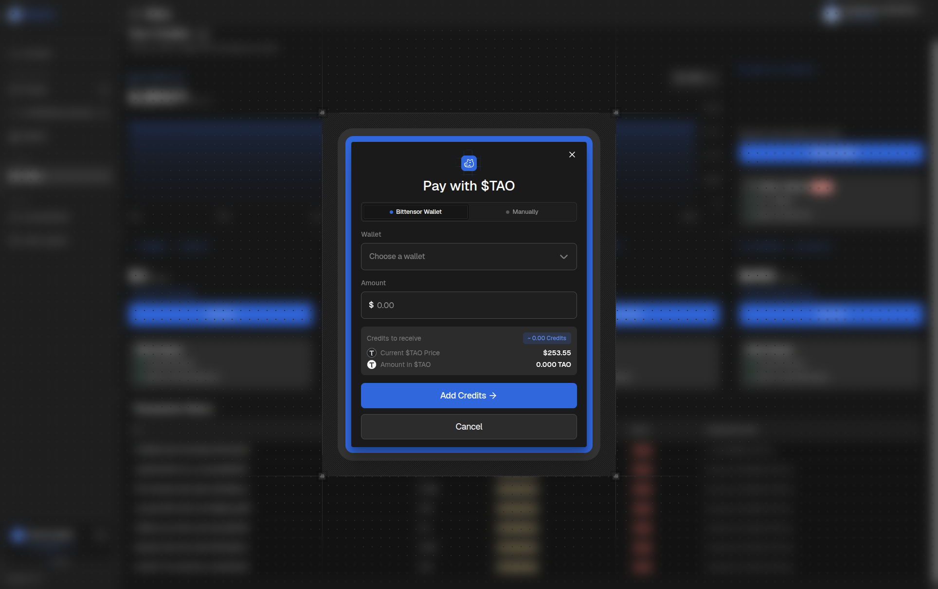 Pay with TAO — Bittensor Wallet tab