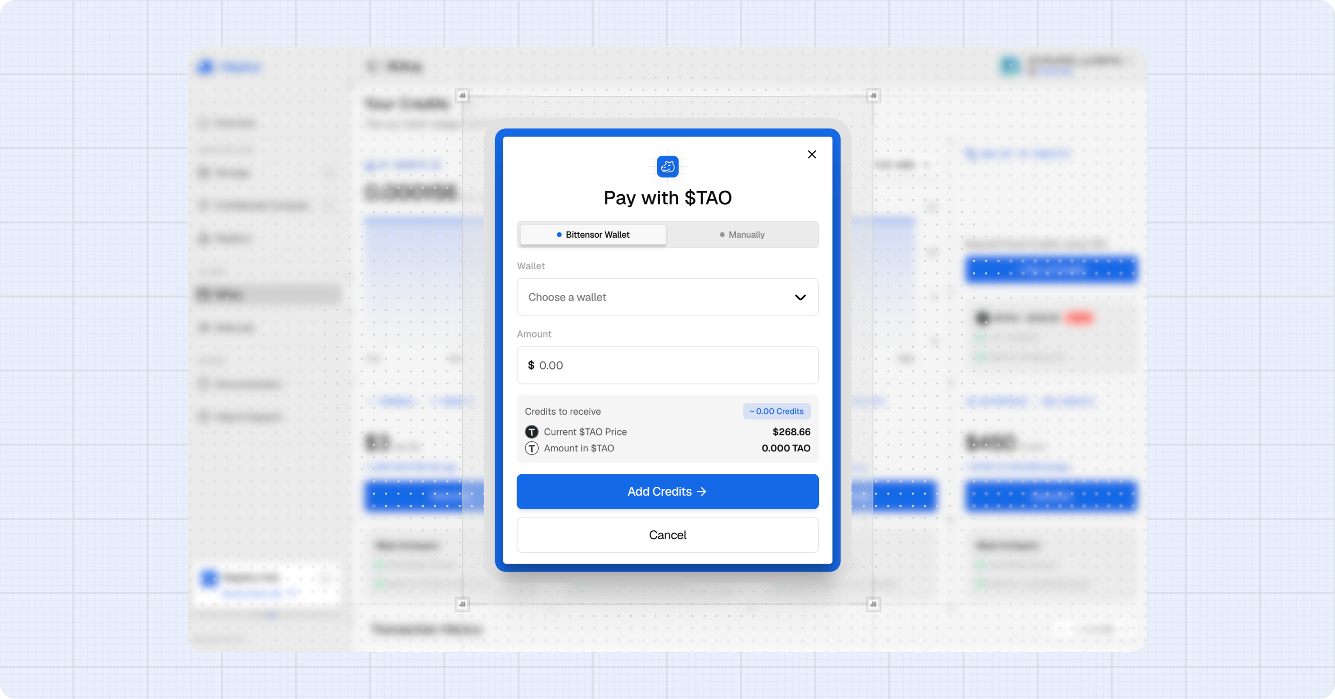 Pay with TAO — Bittensor Wallet tab