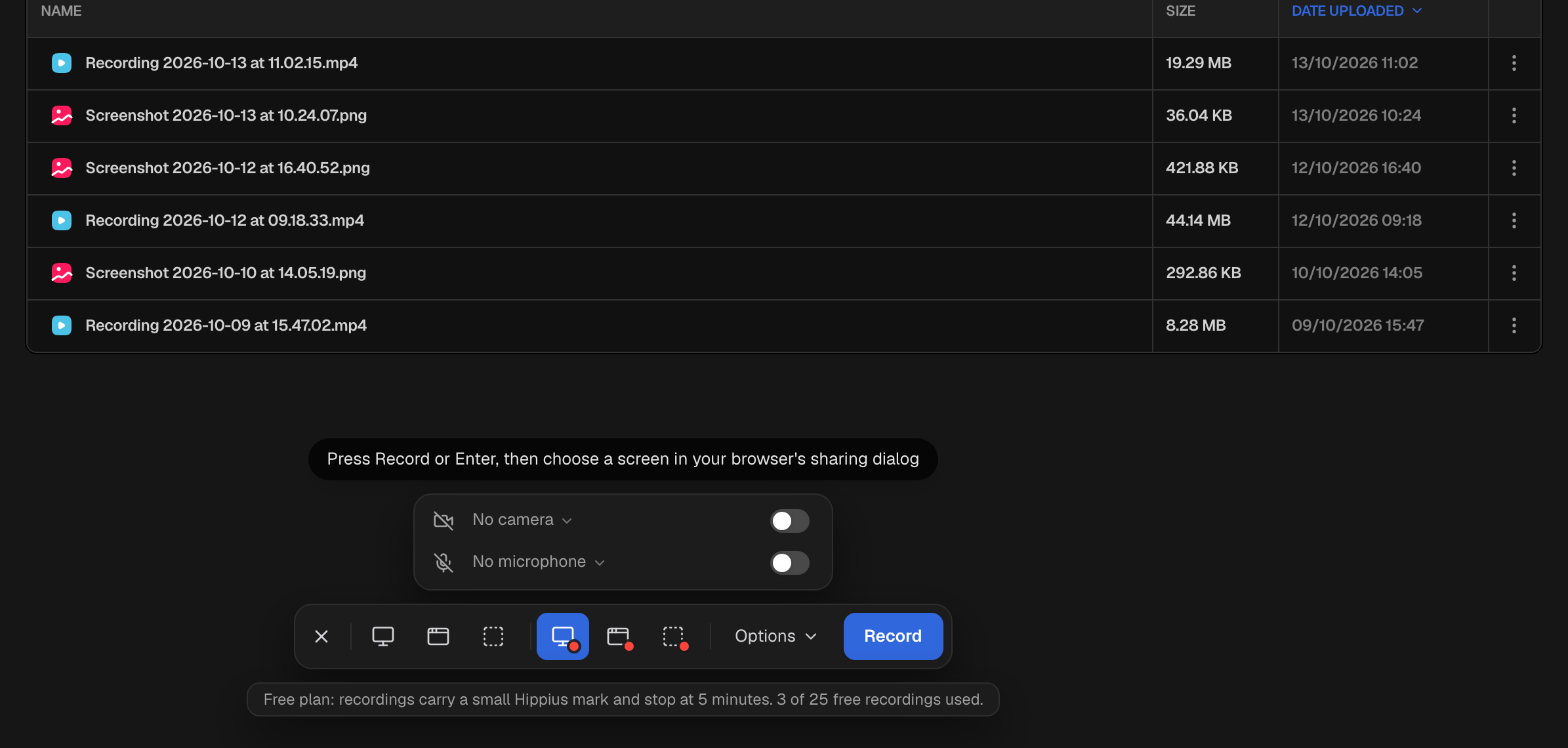 The capture bar in the console set to record, with camera and microphone switches and the free plan note