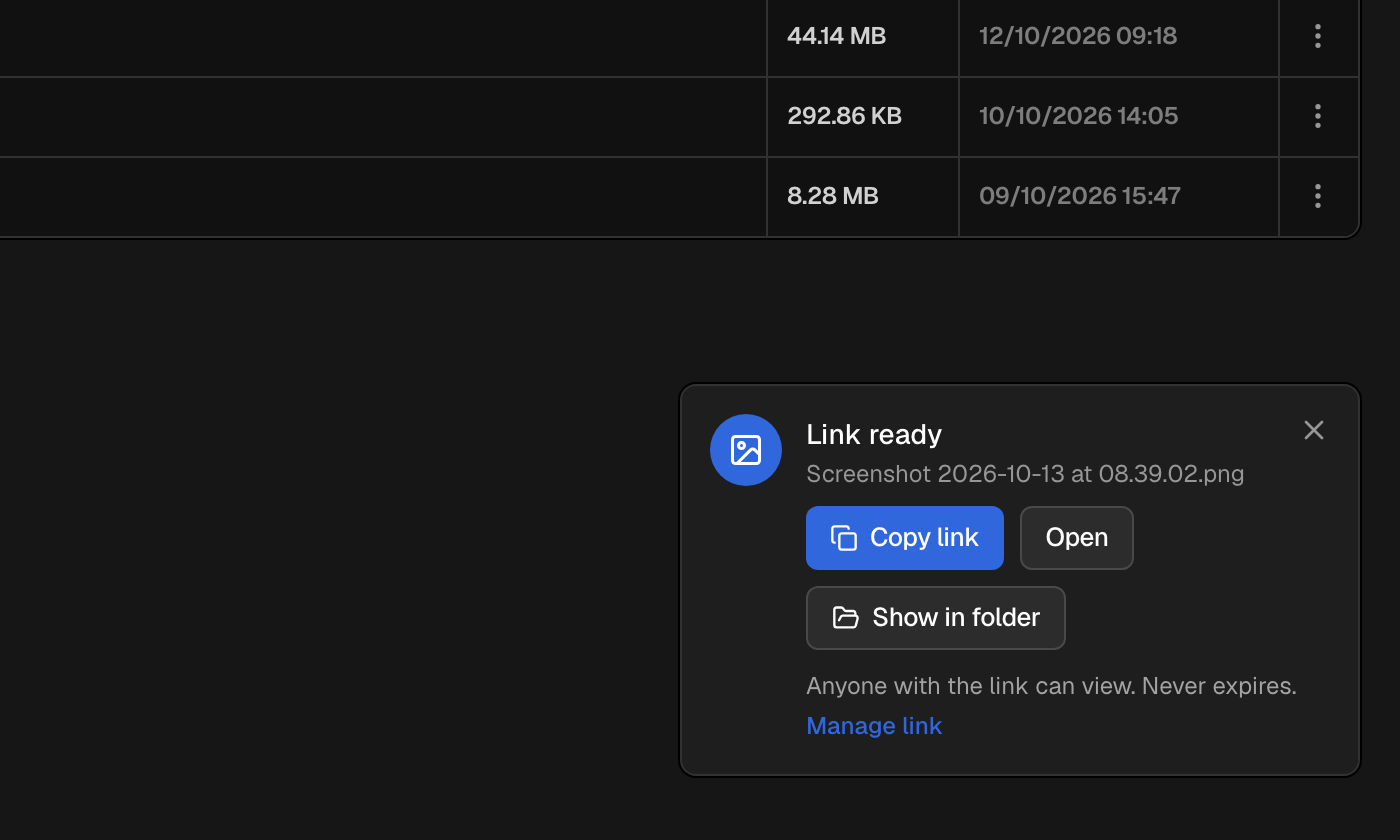 The Link ready card after a capture, with Copy link, Open, Show in folder and Manage link