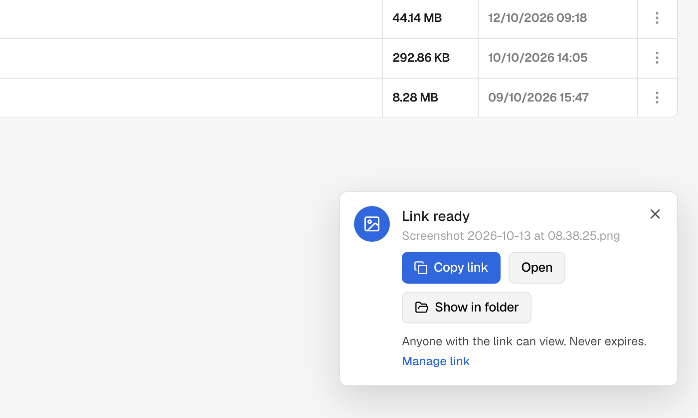 The Link ready card after a capture, with Copy link, Open, Show in folder and Manage link