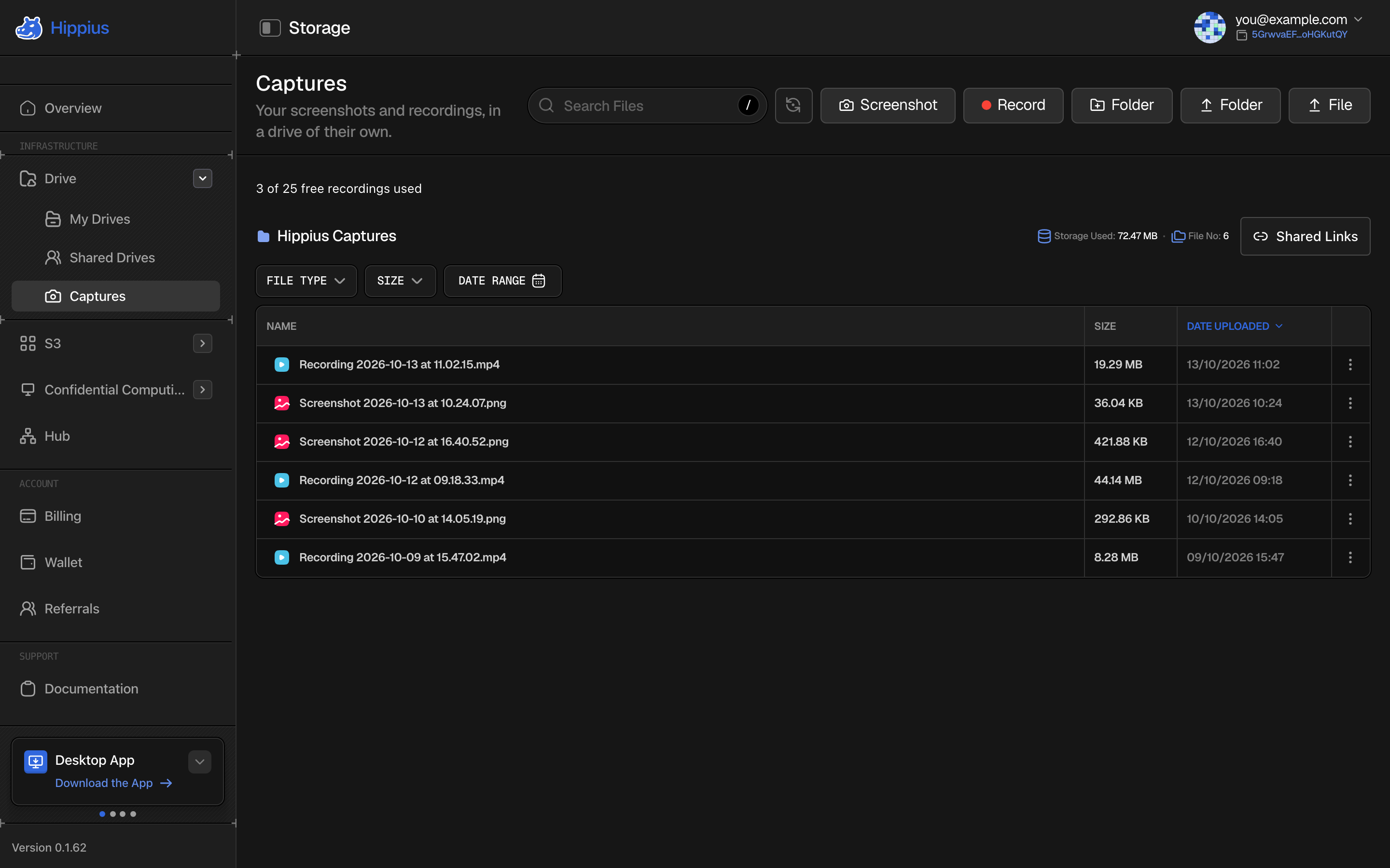 The Captures page in the console, listing screenshots and recordings with 3 of 25 free recordings used