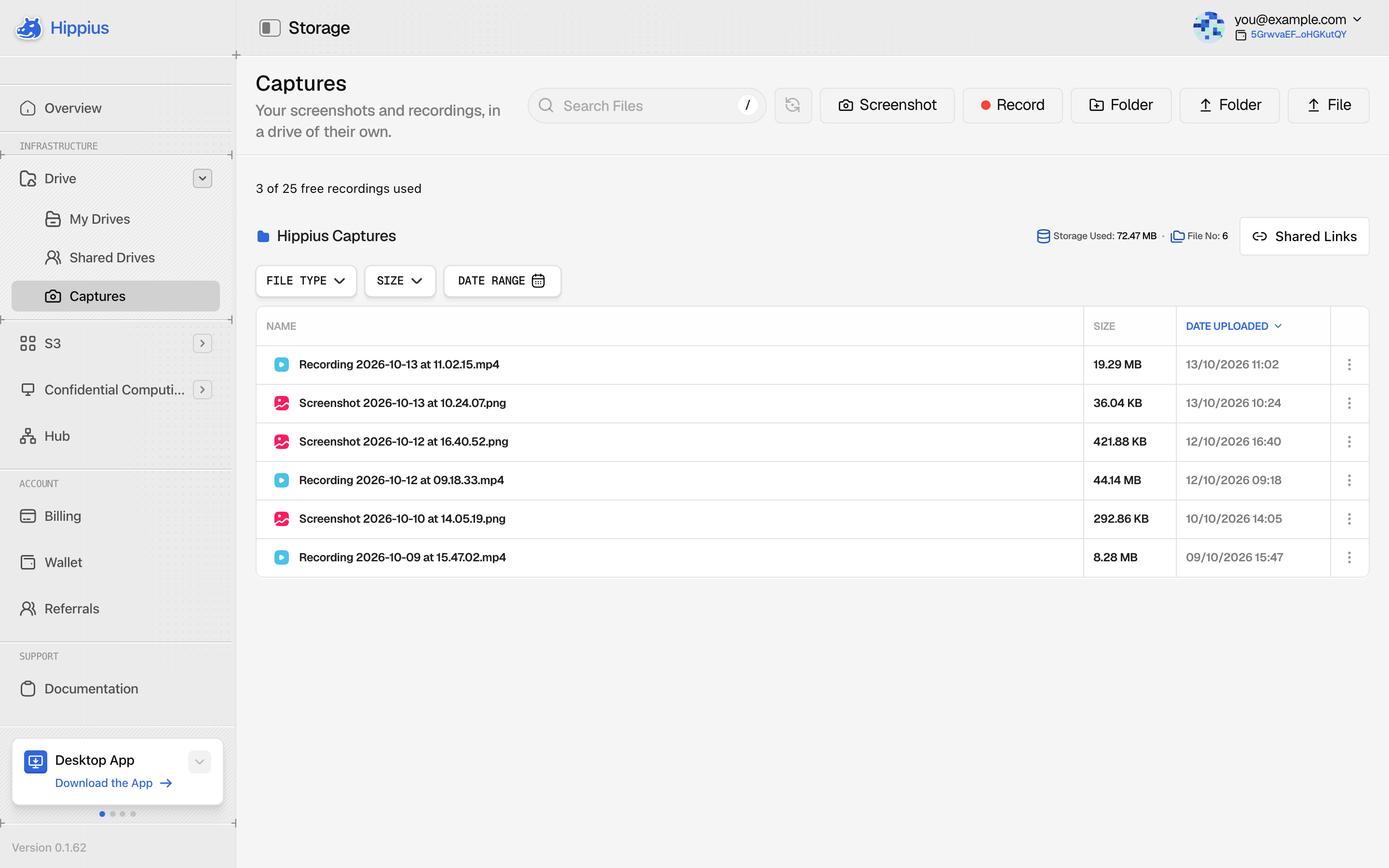 The Captures page in the console, listing screenshots and recordings with 3 of 25 free recordings used