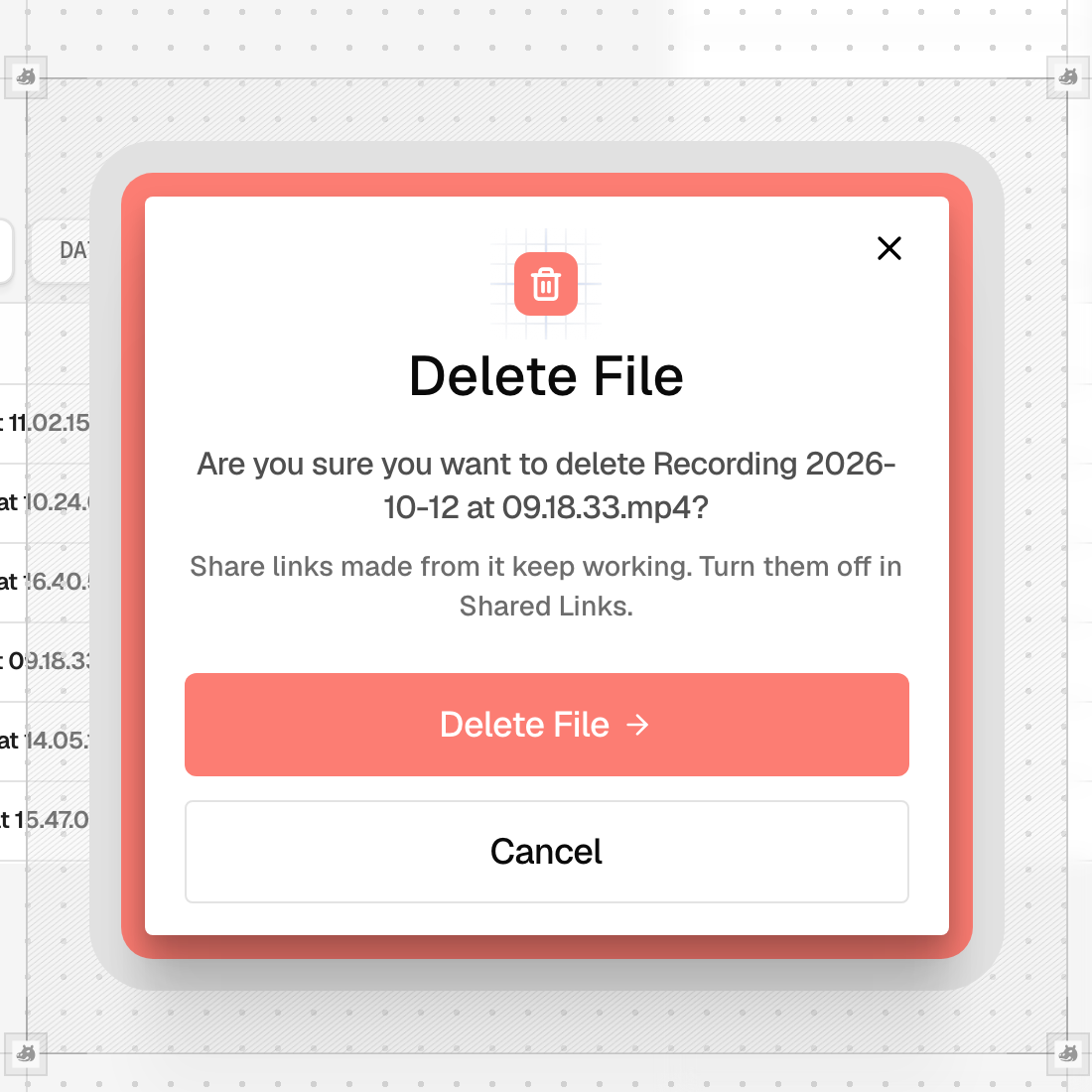 The Delete File dialog noting that share links made from the file keep working