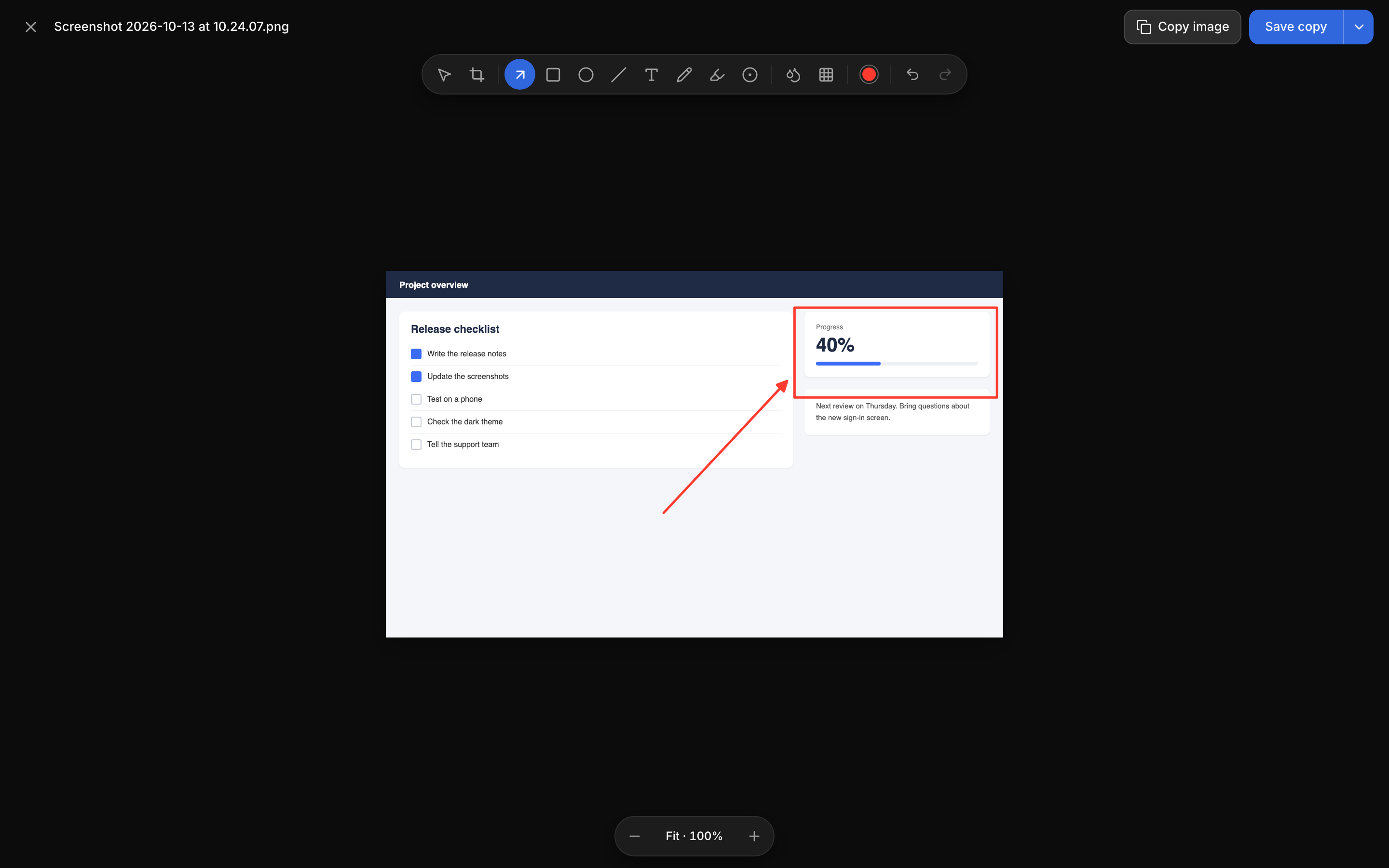 The screenshot editor with a rectangle and an arrow drawn on a screenshot