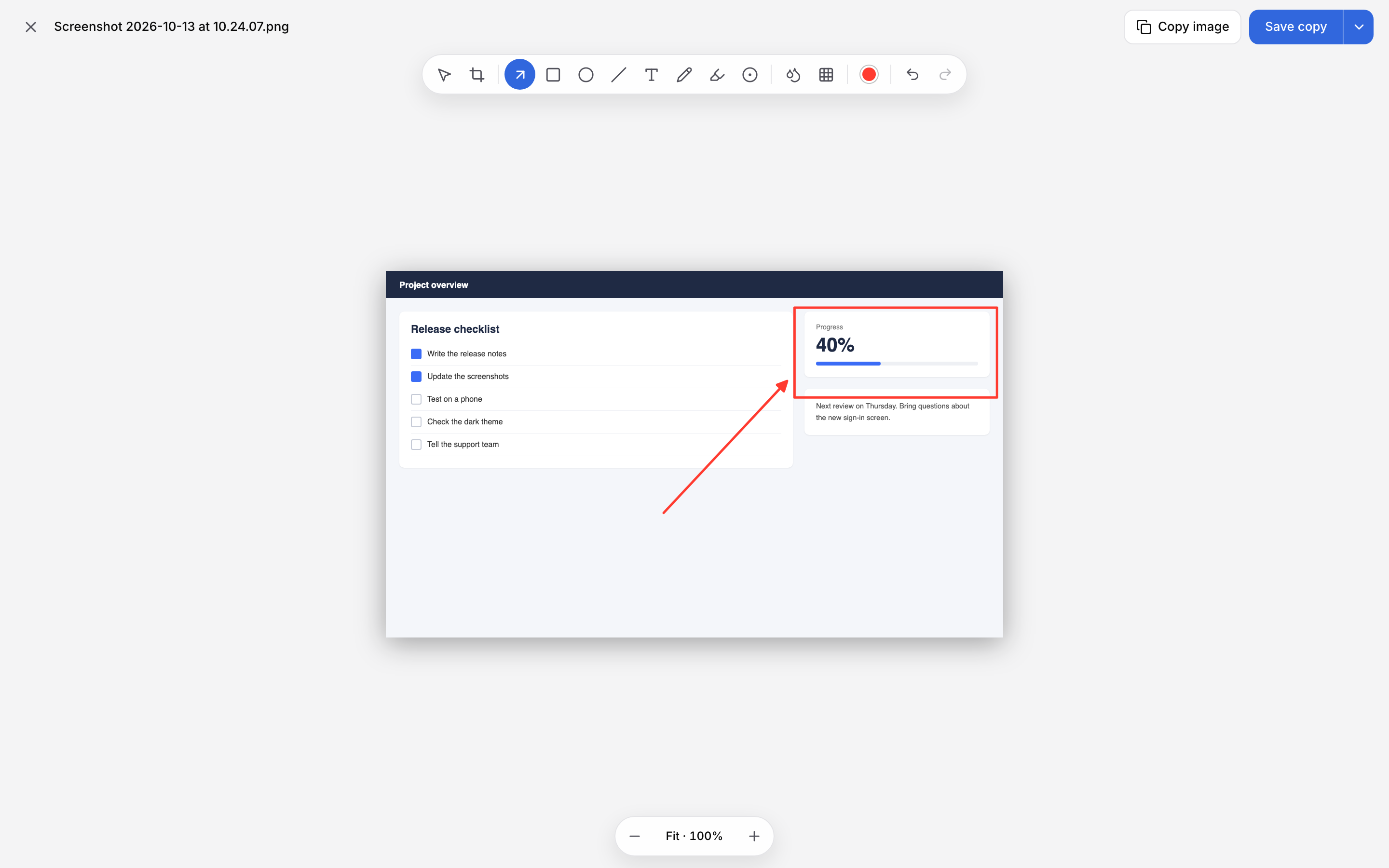 The screenshot editor with a rectangle and an arrow drawn on a screenshot