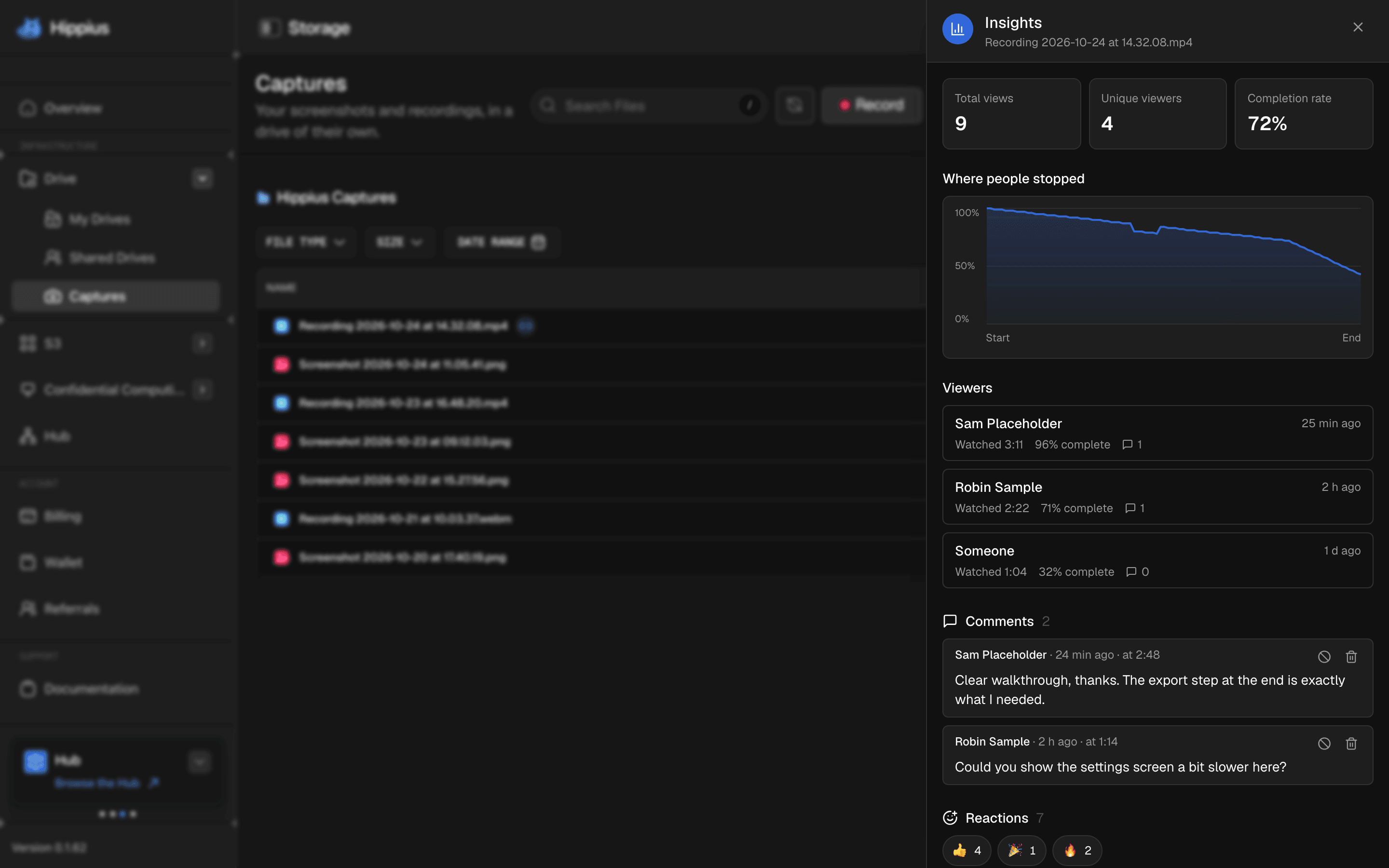 The Insights panel in the console with total views, unique viewers, completion rate, a chart of where people stopped, and the viewer list
