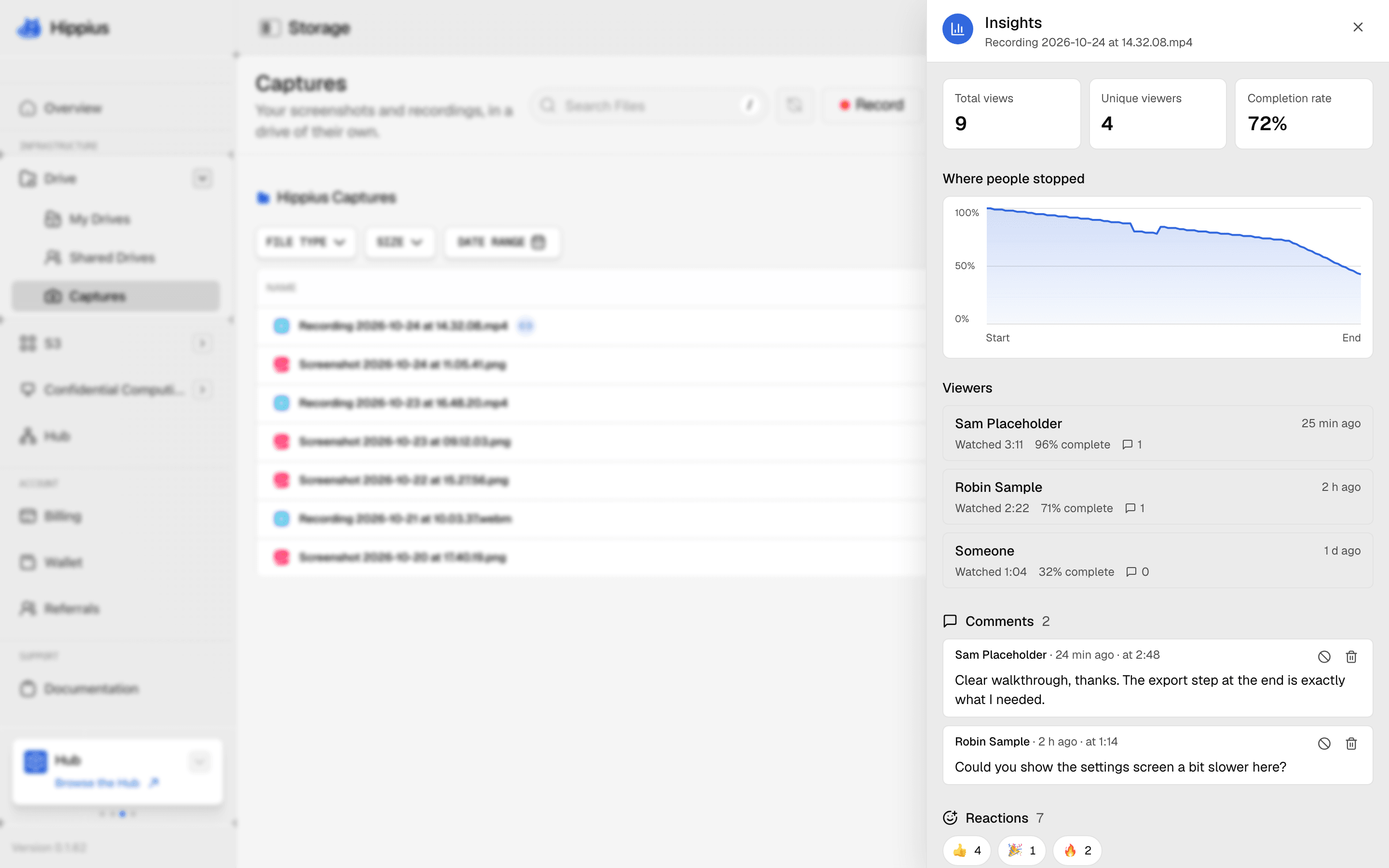 The Insights panel in the console with total views, unique viewers, completion rate, a chart of where people stopped, and the viewer list