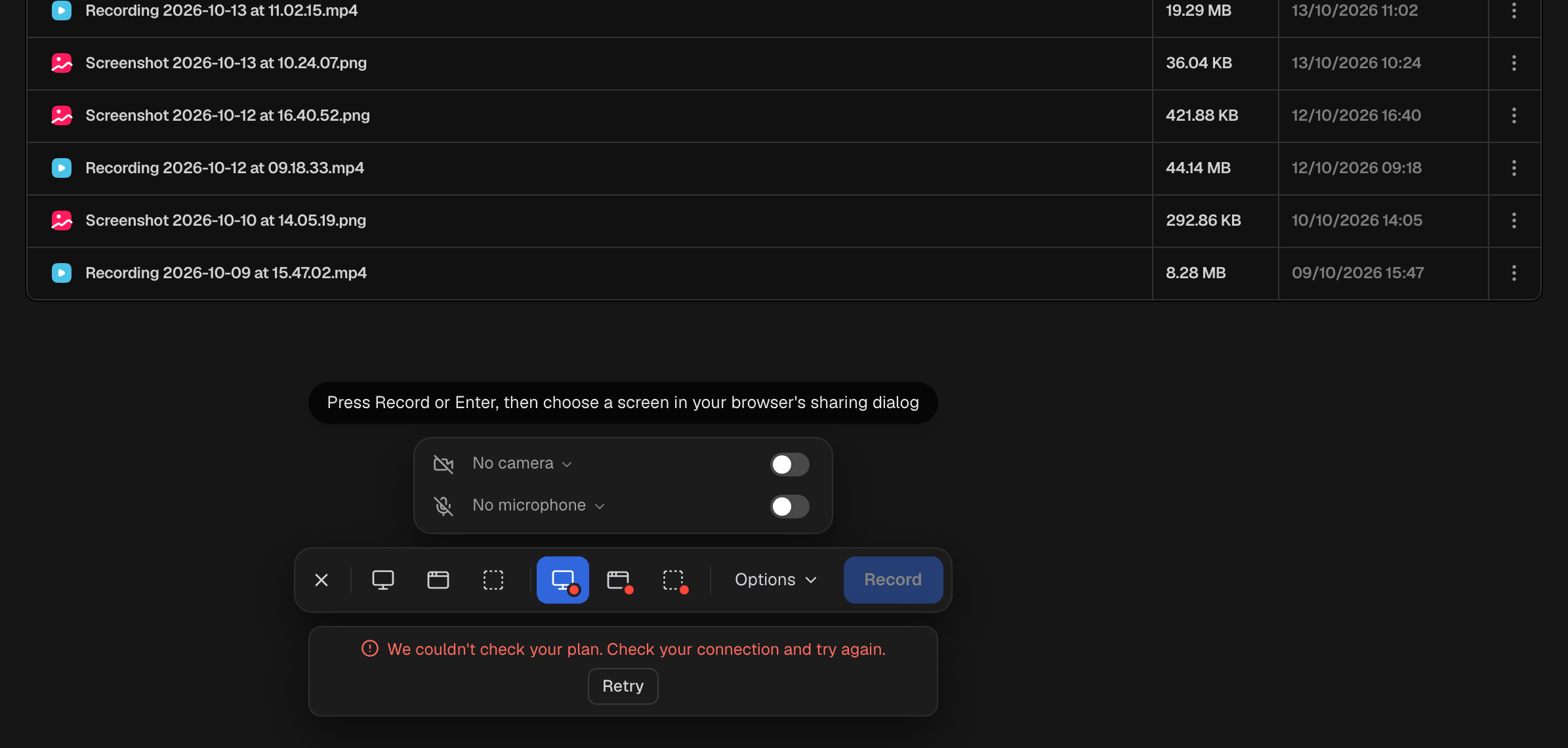 The capture bar saying We couldn't check your plan, with a Retry button