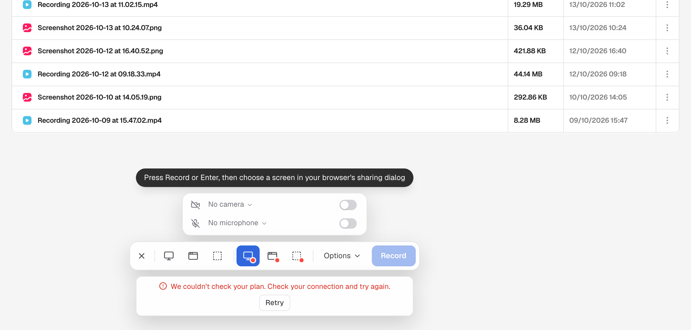 The capture bar saying We couldn't check your plan, with a Retry button