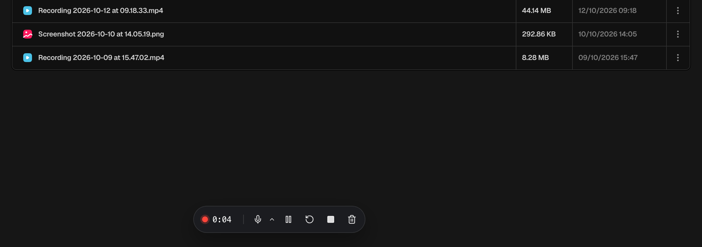 Recording controls in the console with the timer, microphone, pause, restart, stop and discard