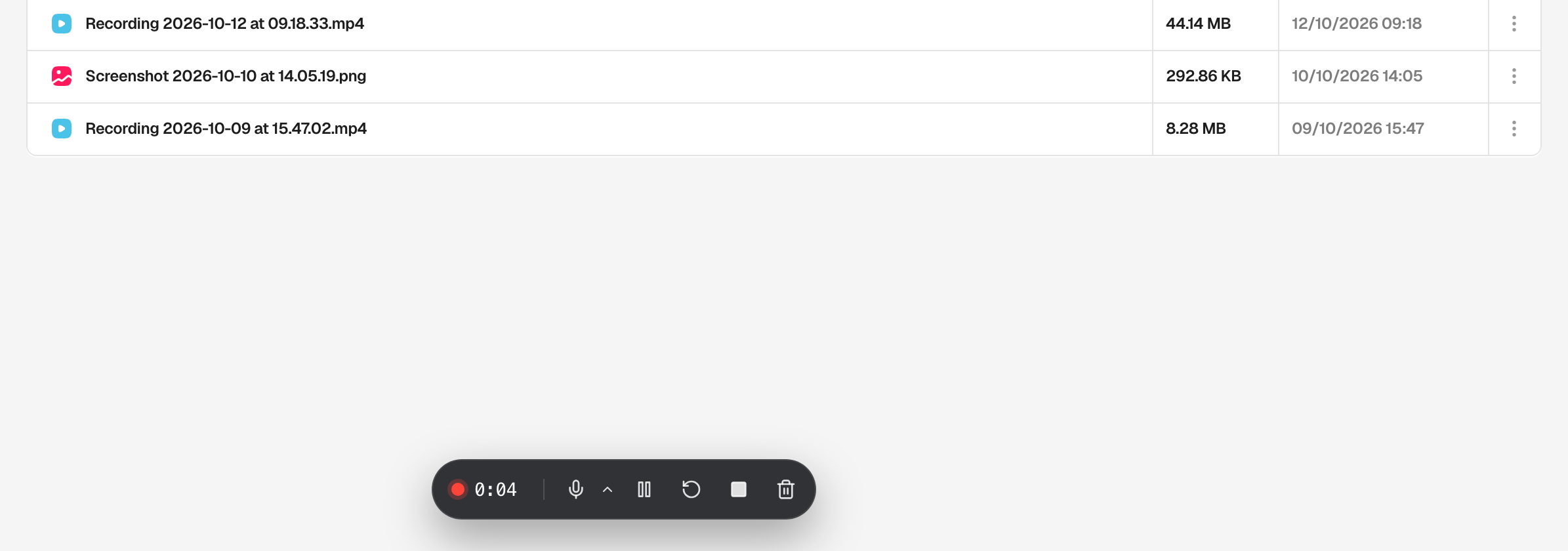 Recording controls in the console with the timer, microphone, pause, restart, stop and discard