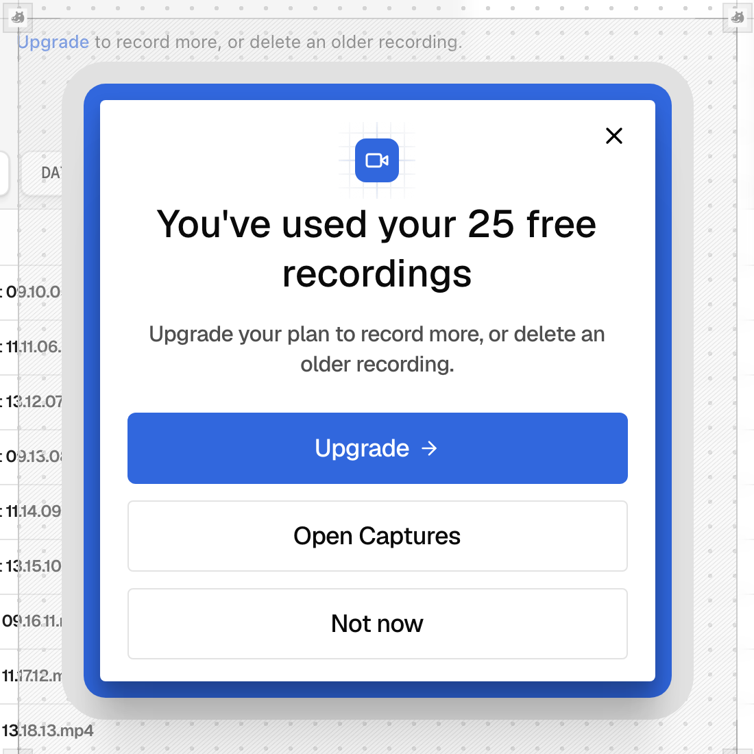 The dialog shown after 25 free recordings, with Upgrade, Open Captures and Not now
