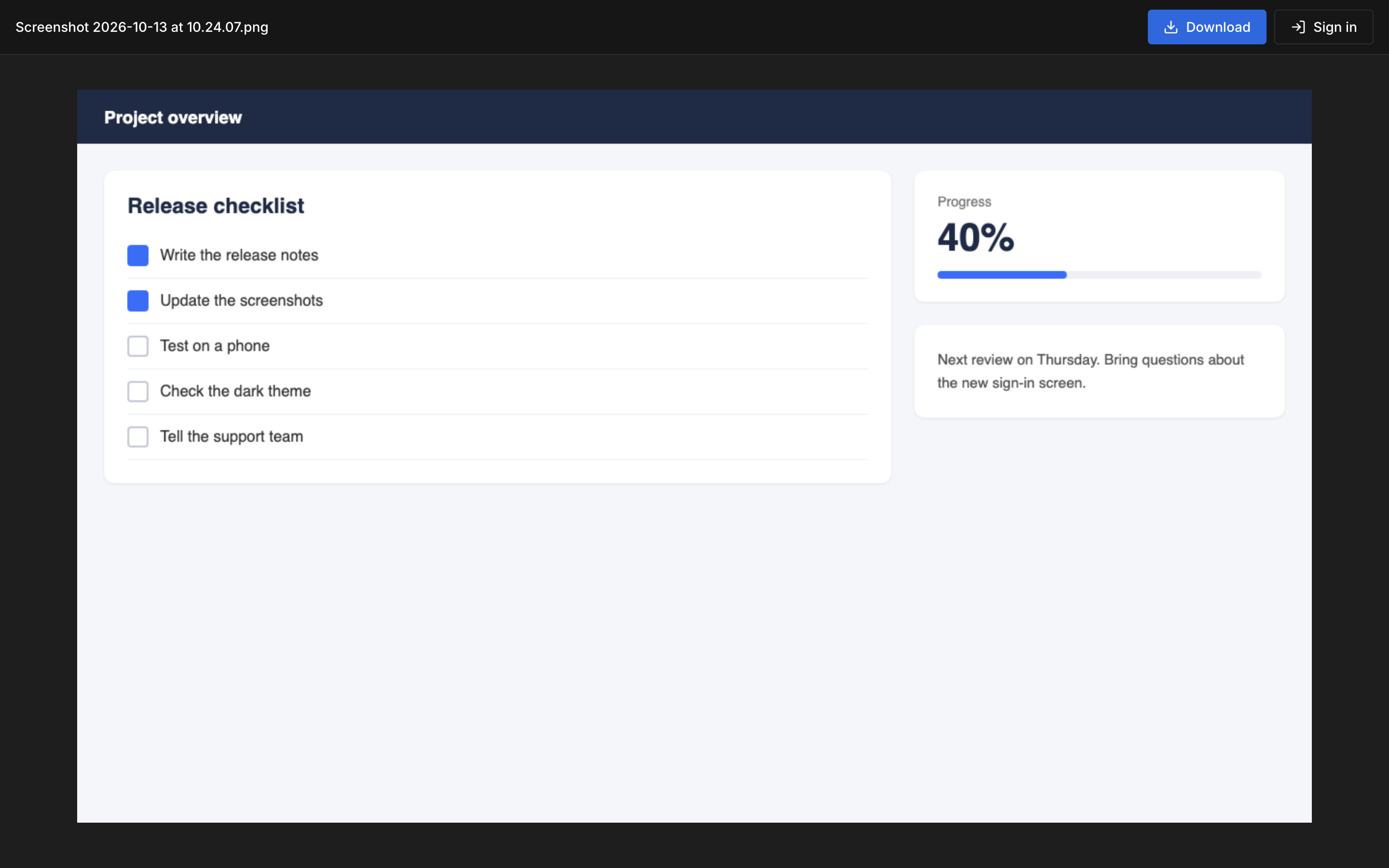 A capture link opened in a browser, showing the screenshot with a Download button