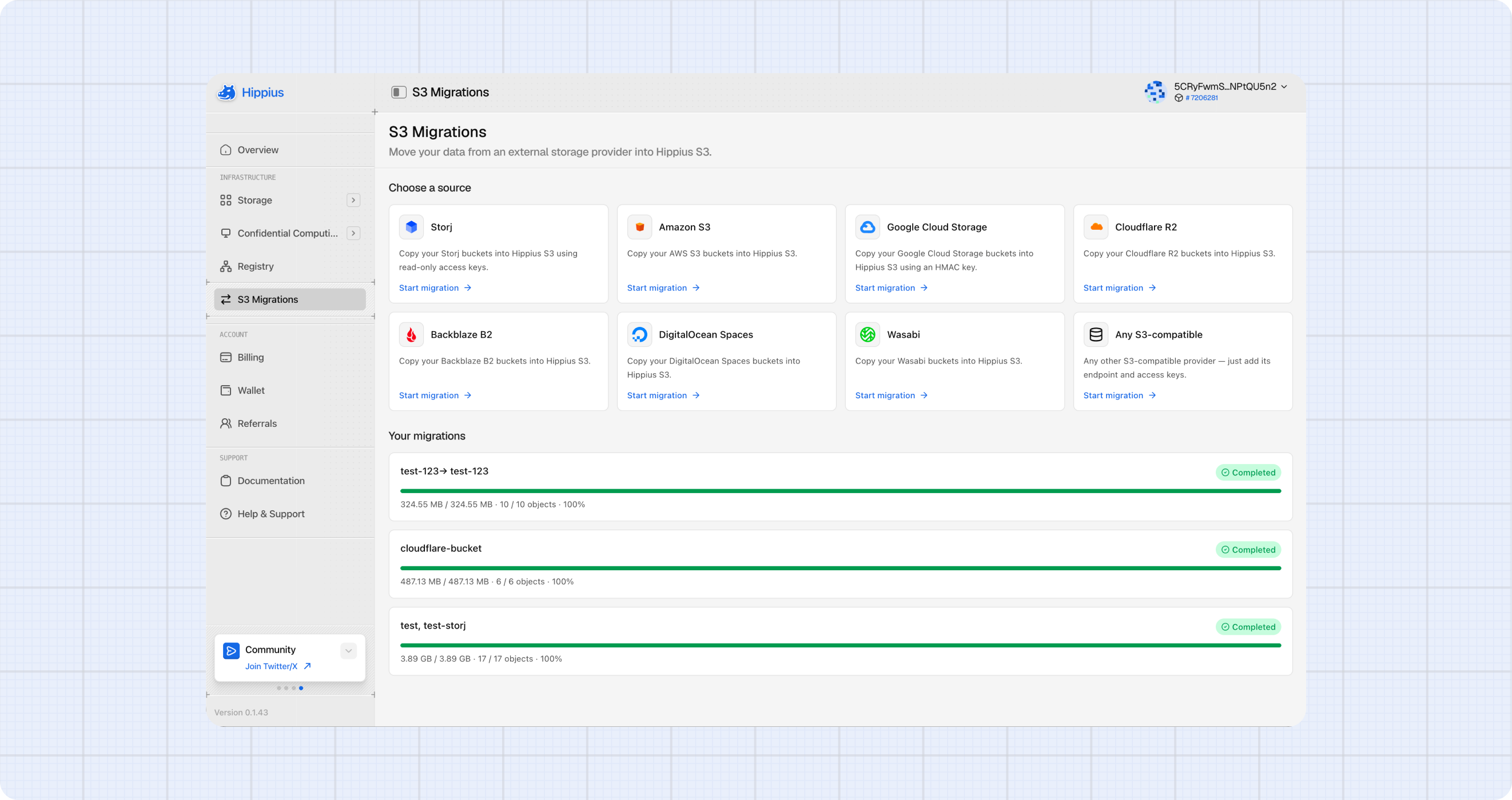 The S3 Migrations page, showing every provider you can copy from
