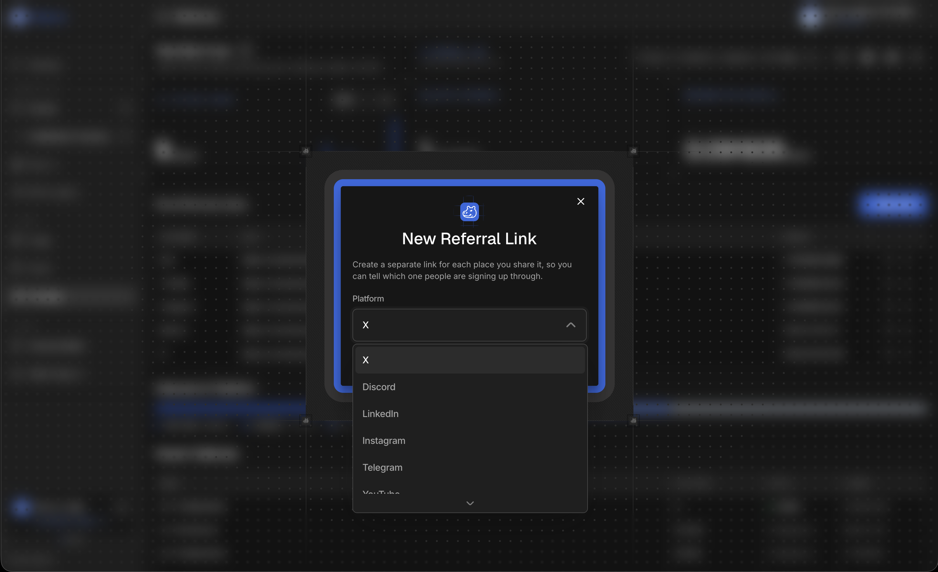 The New Referral Link dialog with the platform list