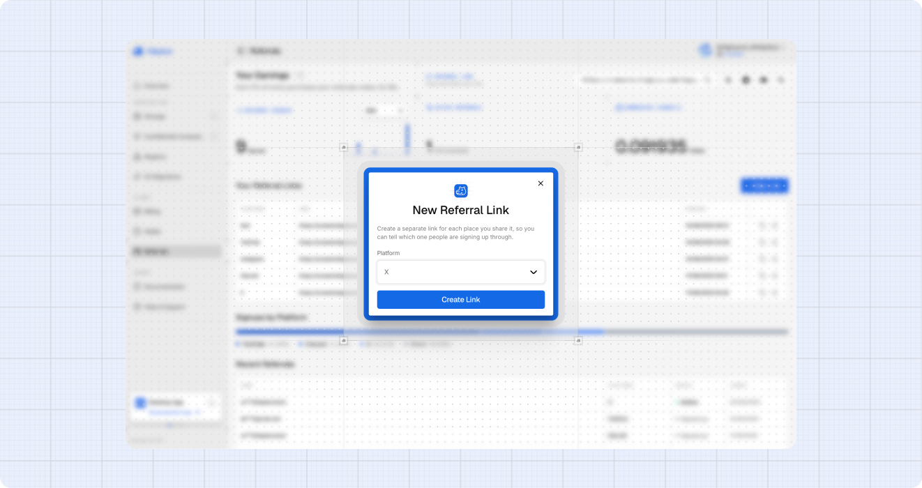The New Referral Link dialog with the platform list
