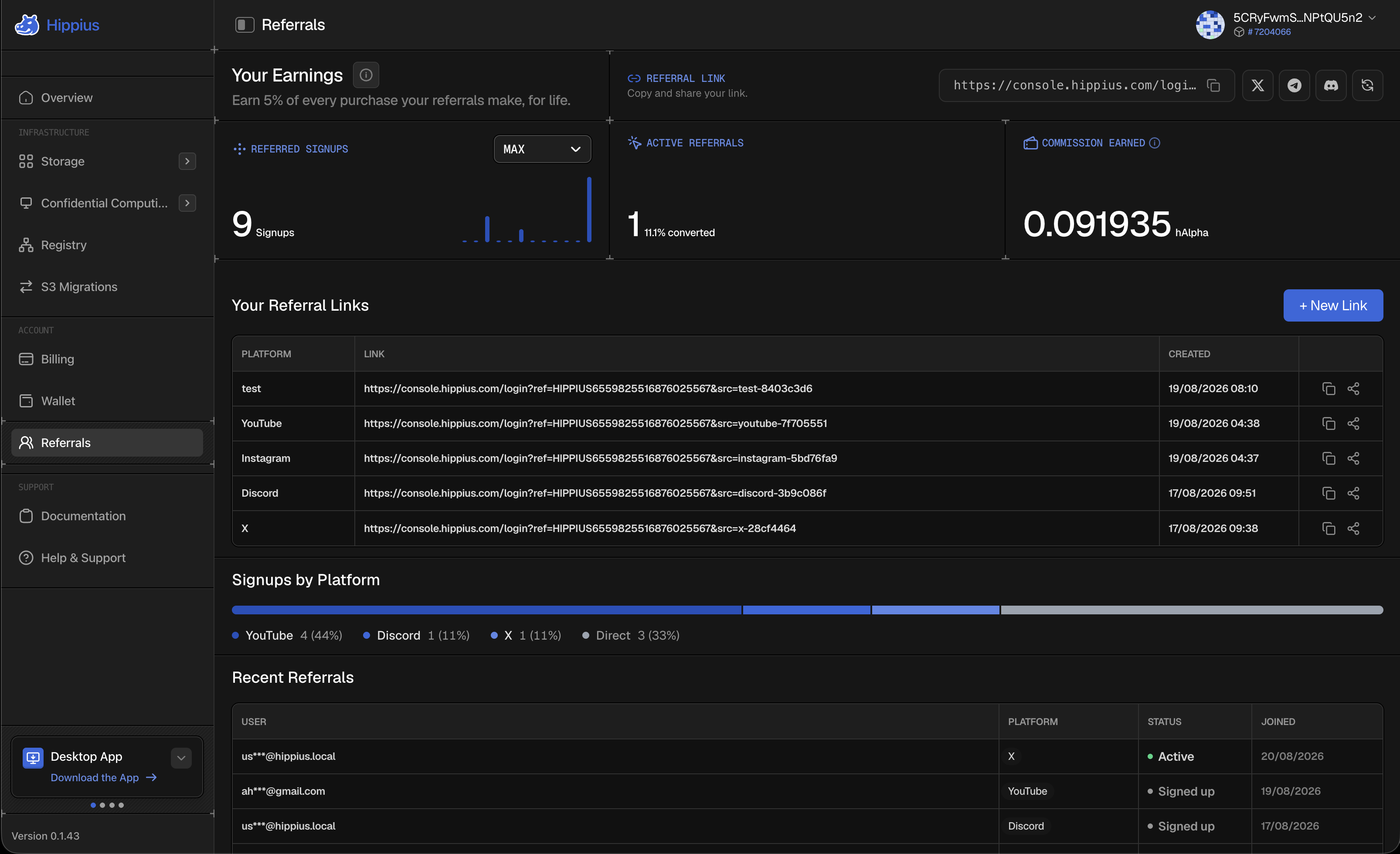 The Referrals page, showing your link, your earnings and your referral links