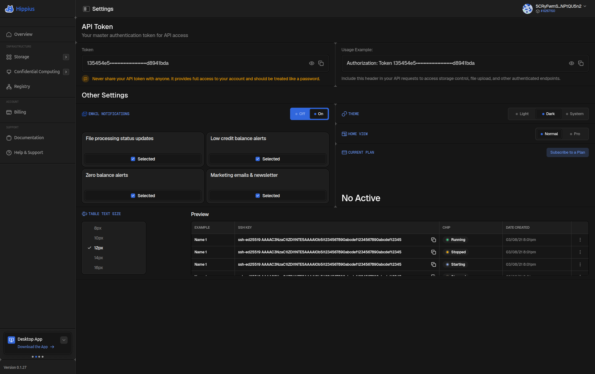 Settings page