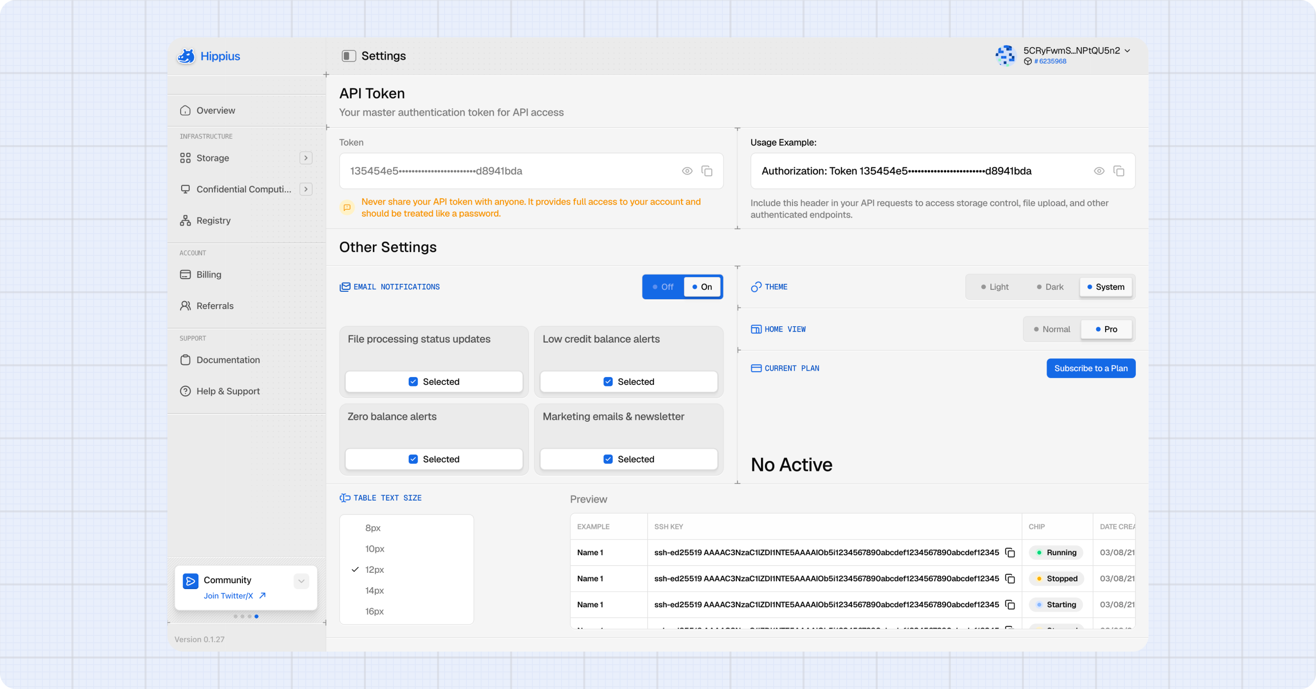 Settings page