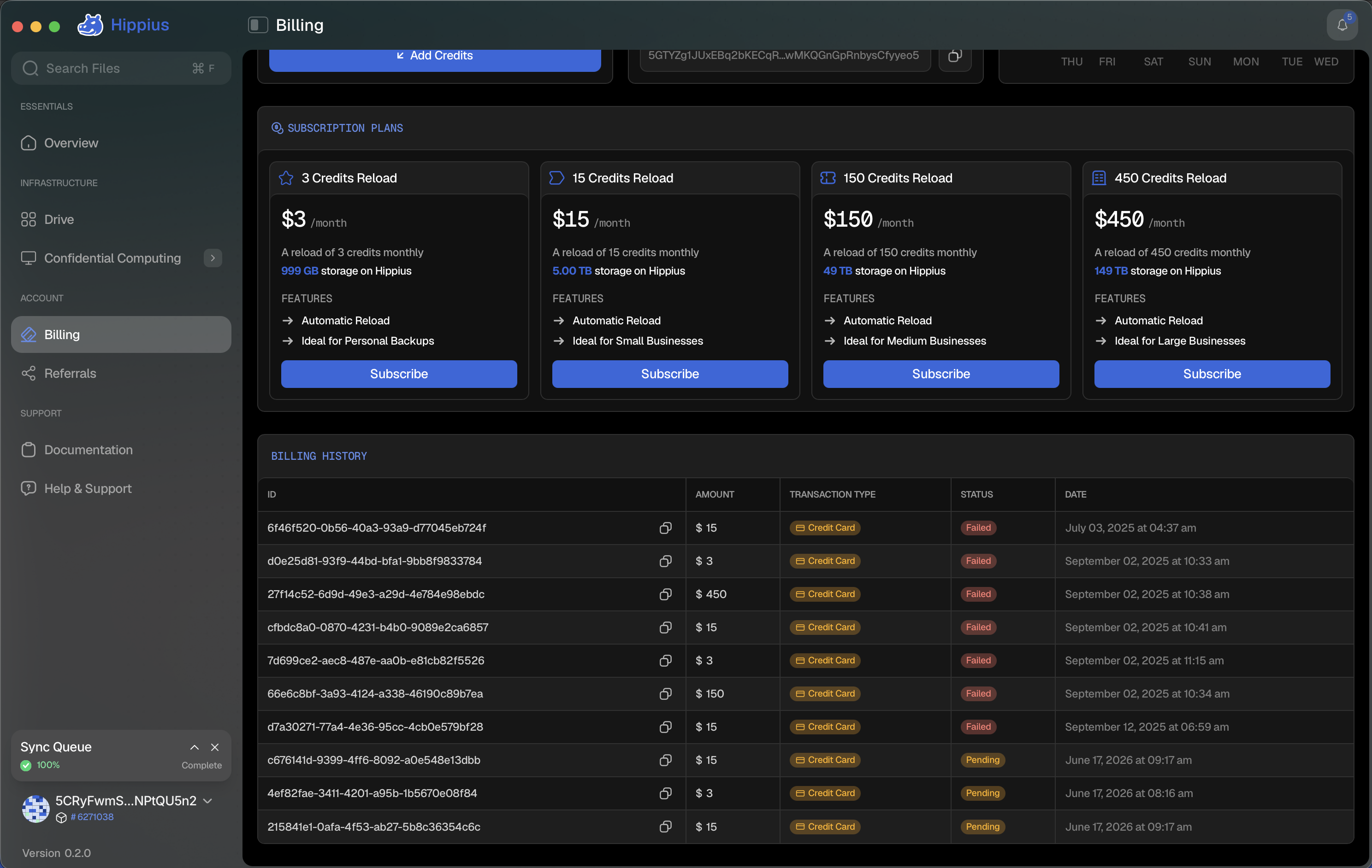 Billing history screen