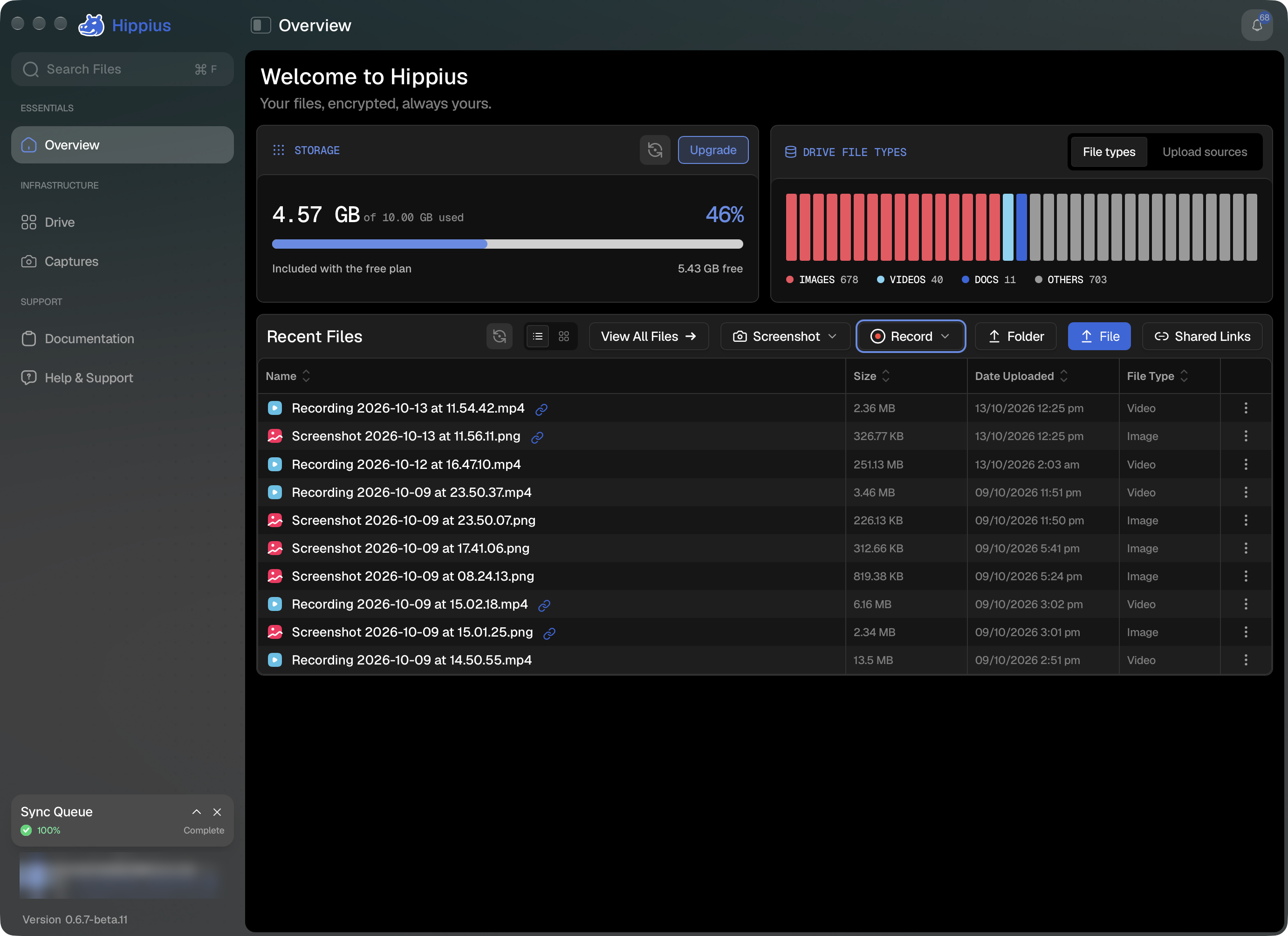 The Screenshot and Record buttons above Recent Files in the desktop app