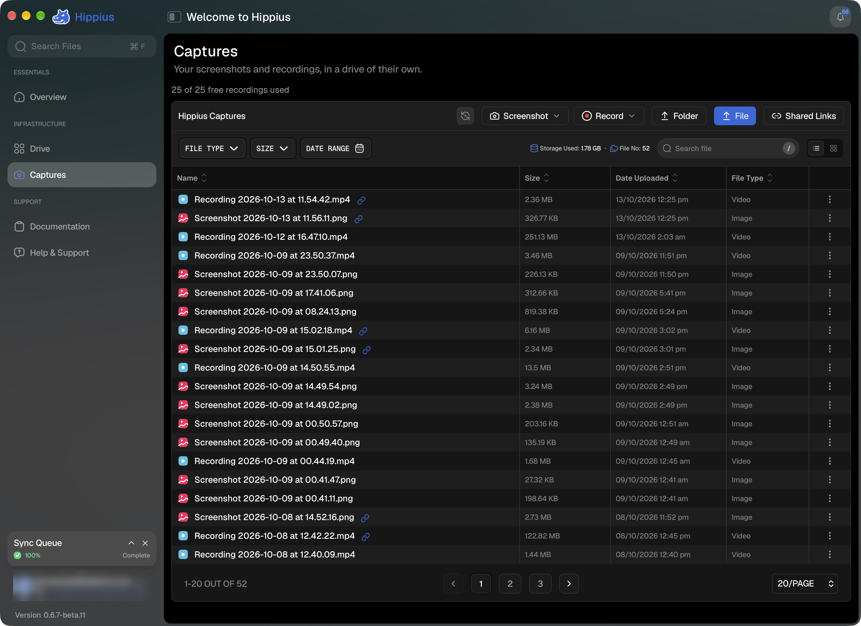 The Captures page in the desktop app showing 25 of 25 free recordings used