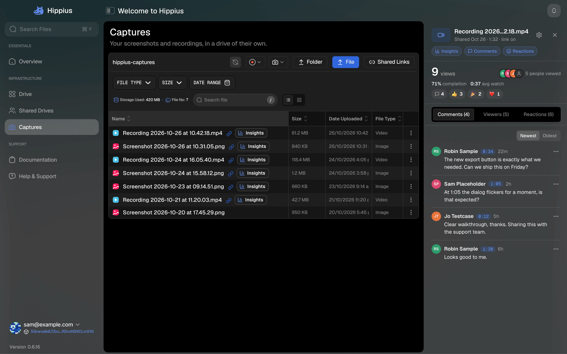 The Insights panel in the desktop app next to the Captures page, showing 9 views, 5 people, 71% completion and four comments