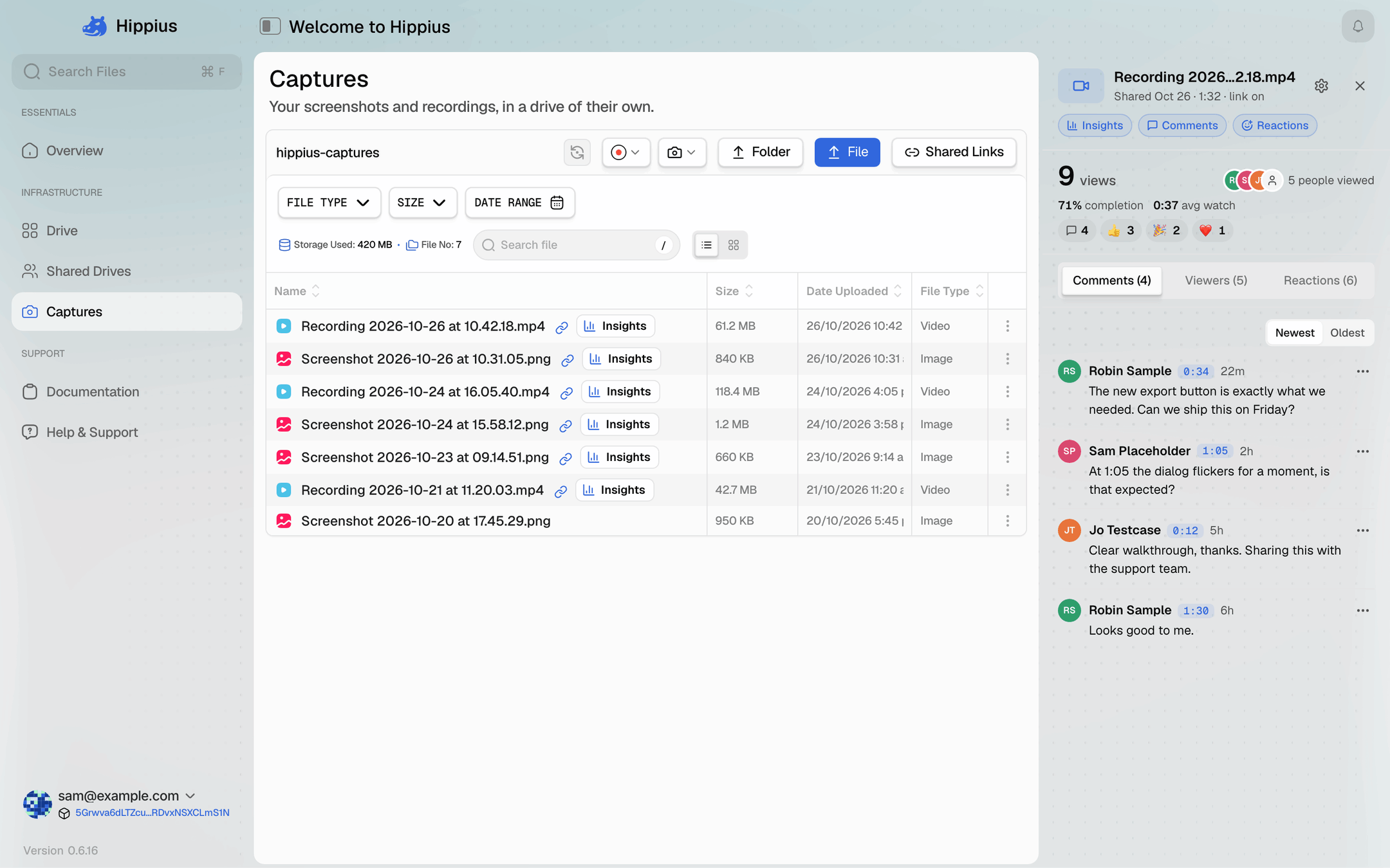 The Insights panel in the desktop app next to the Captures page, showing 9 views, 5 people, 71% completion and four comments