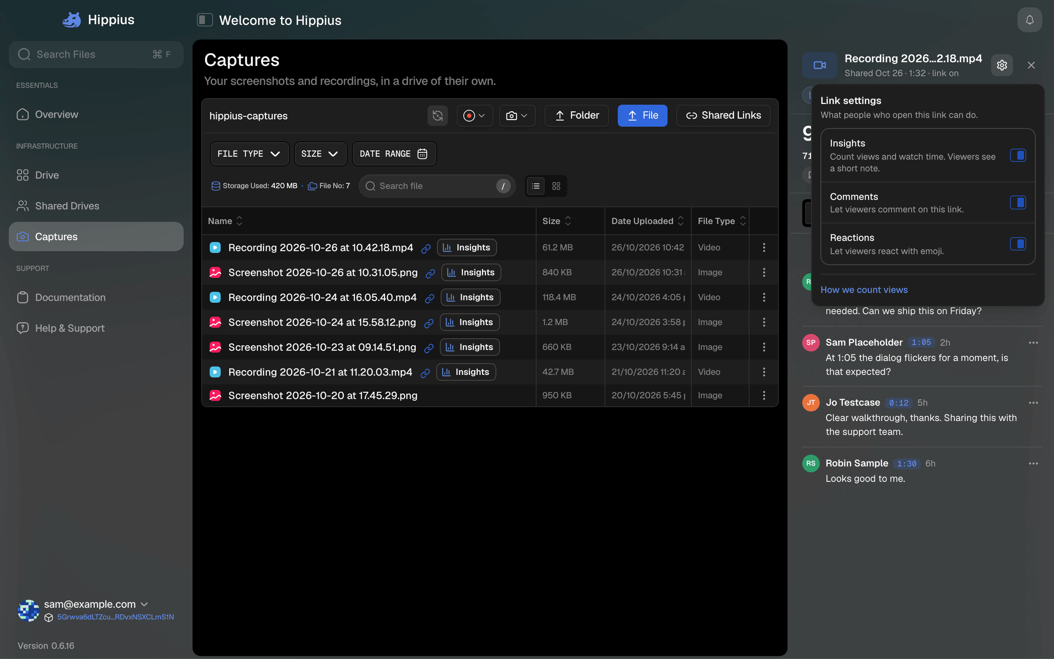 Link settings opened from the gear in the Insights panel, with Insights, Comments and Reactions switched on