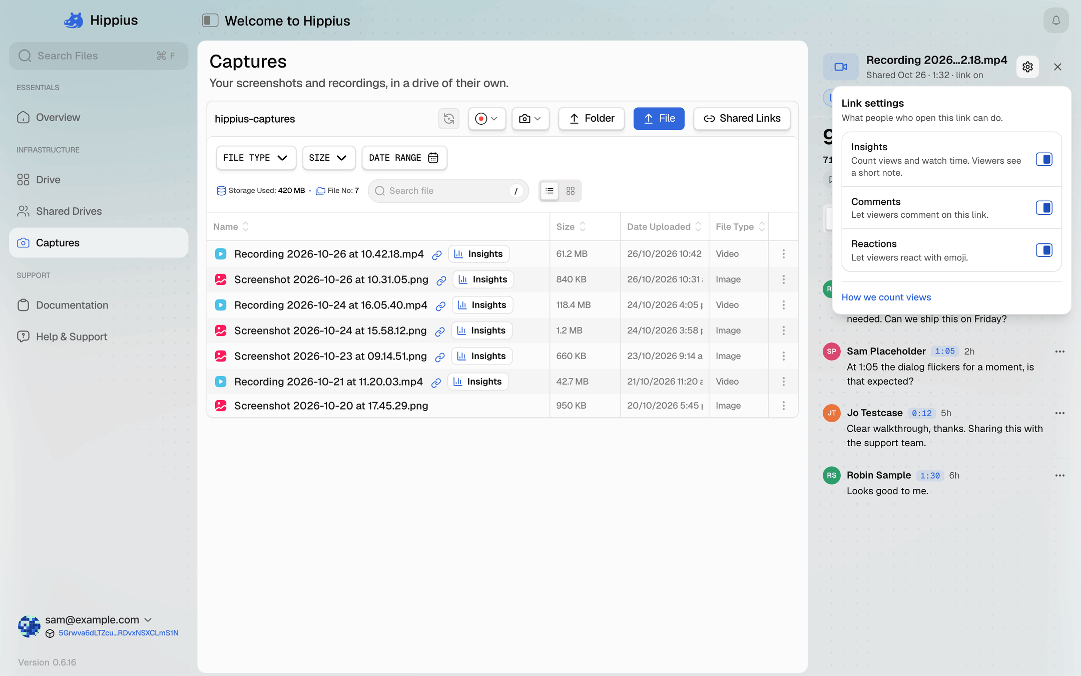 Link settings opened from the gear in the Insights panel, with Insights, Comments and Reactions switched on