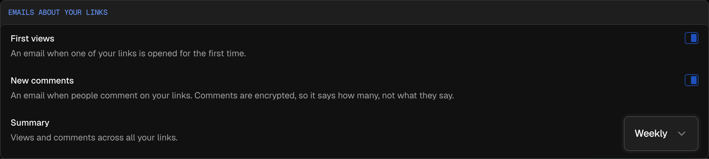 Emails about your links in the desktop app's notification settings, with First views, New comments and a weekly Summary