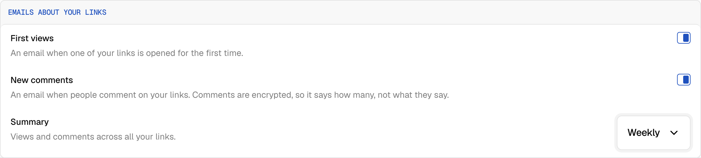 Emails about your links in the desktop app's notification settings, with First views, New comments and a weekly Summary