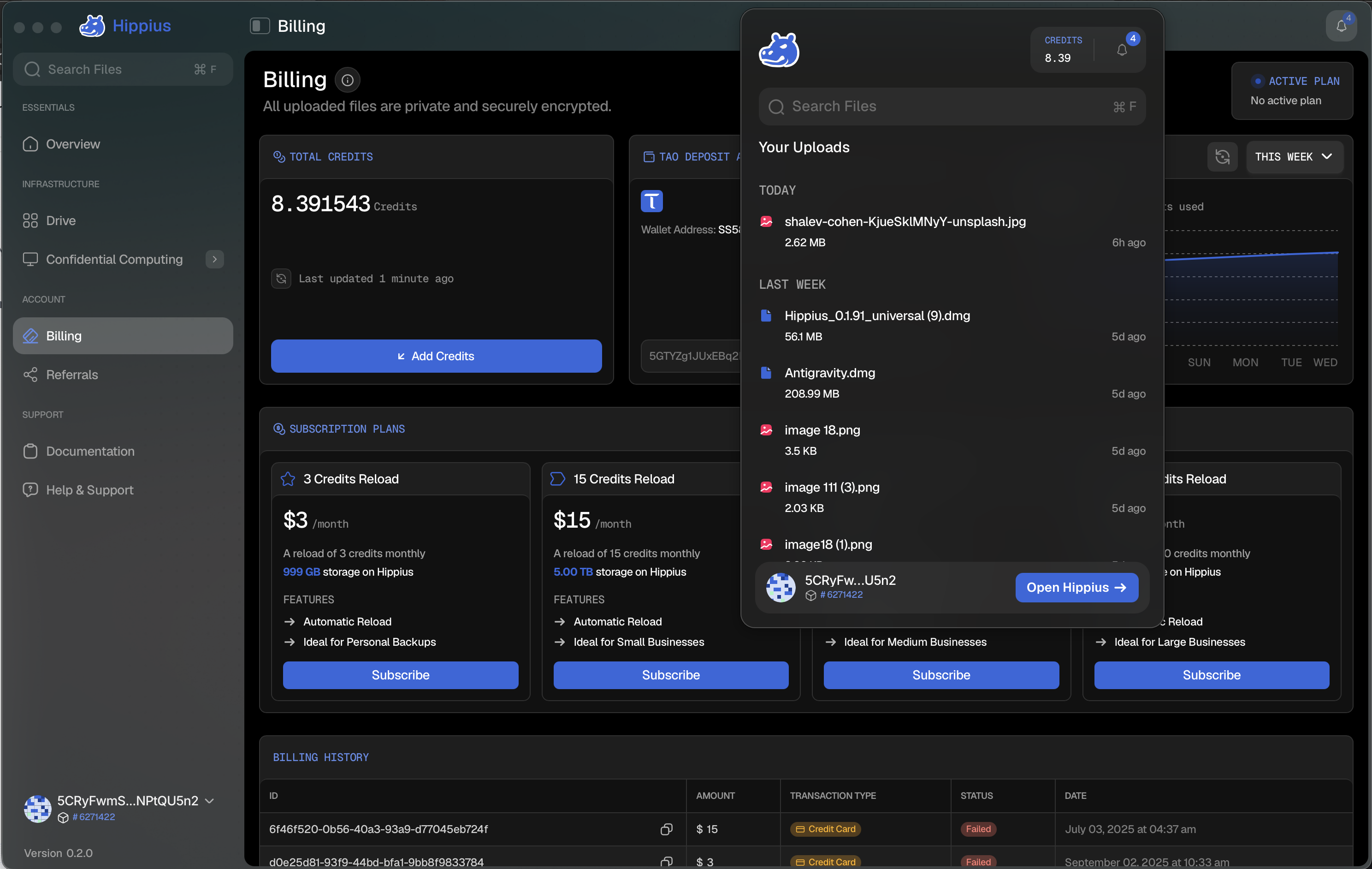 The Hippius menu bar window showing credits, the notification bell, file search, and recent uploads